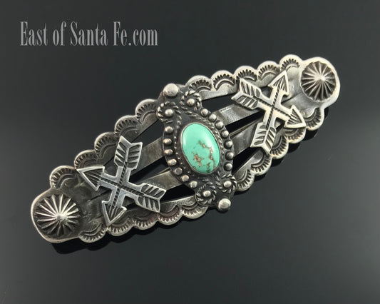 Rare COIN SILVER Large Fred Harvey Era Crossed Arrows Native American Turquoise Pin - Vintage