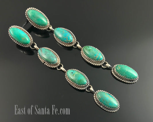 4" Long Turquoise Earrings Navajo Native American Sterling Silver - Frida Martinez