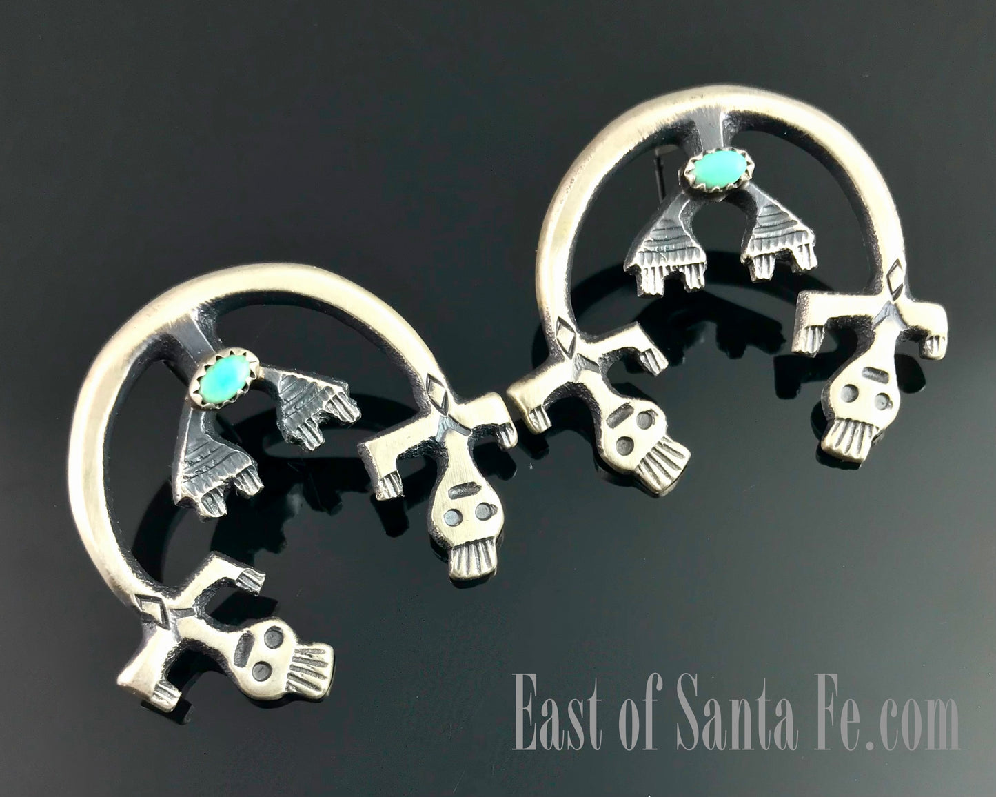 Rainbow Yei Sand Cast Sterling and Turquoise Native American Navajo Earrings - Martha Cayatineto