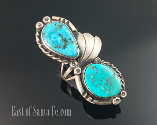Double Turquoise Native American Navajo Sterling Silver Ring Size 9 - Vintage
