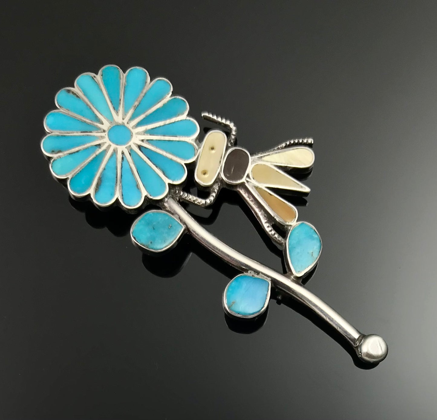 Vintage Zuni Inlay Flower and Bug Pin - CJK