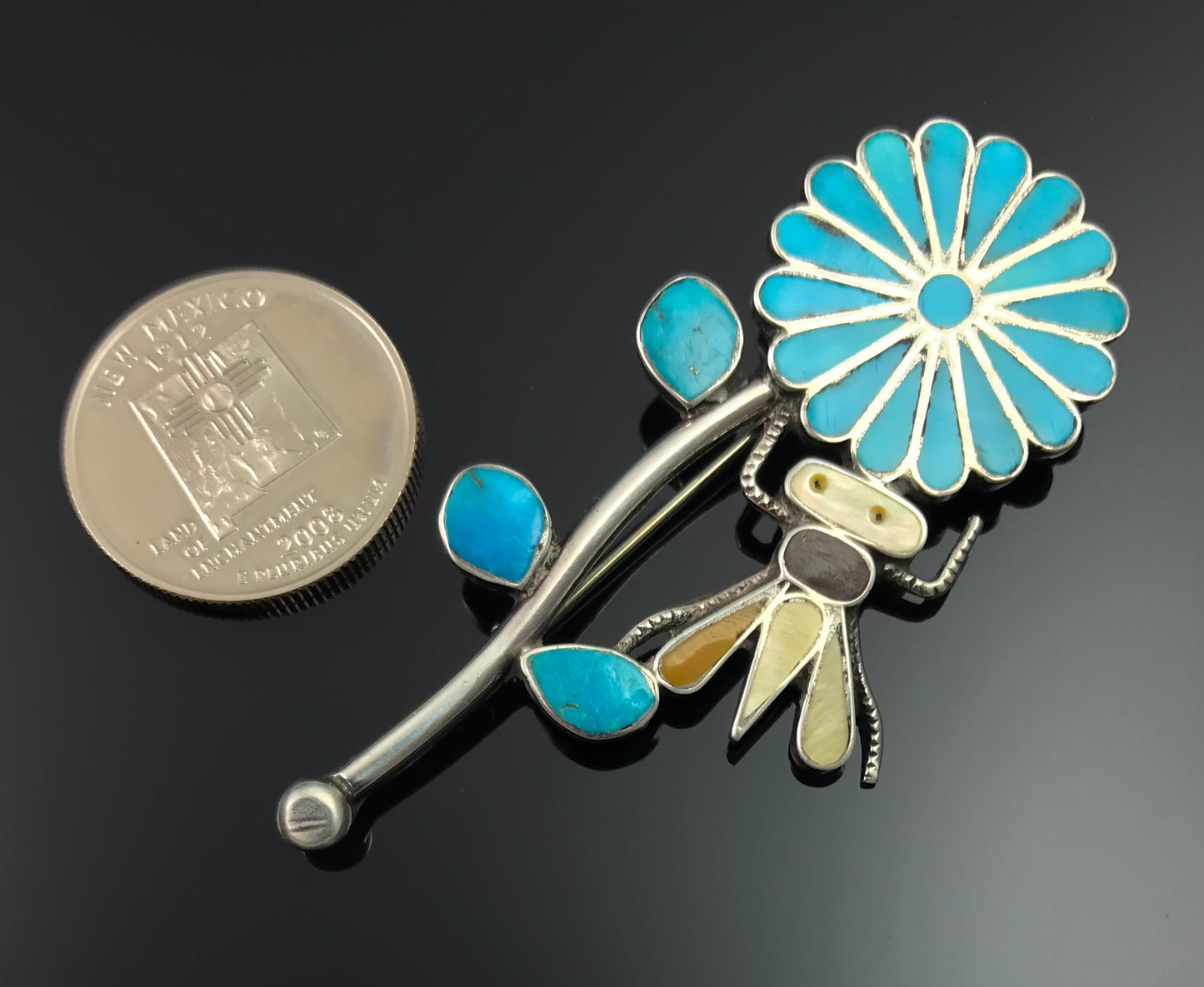 Vintage Zuni Inlay Flower and Bug Pin - CJK