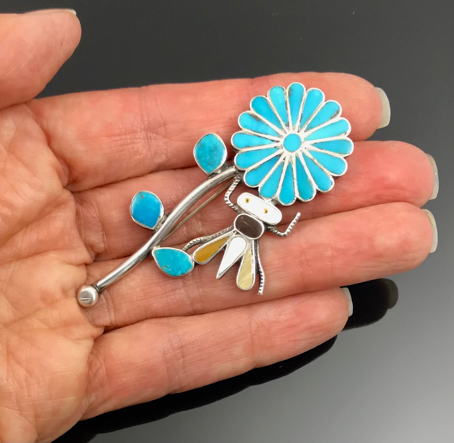 Vintage Zuni Inlay Flower and Bug Pin - CJK