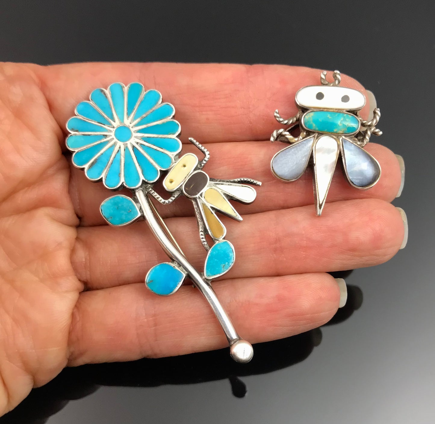Vintage Zuni Inlay Flower and Bug Pin - CJK