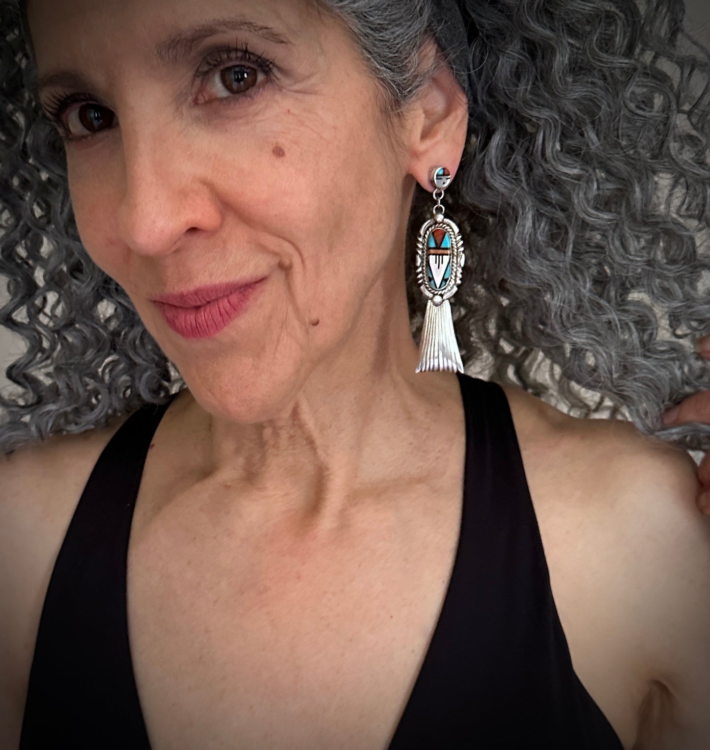 Long Zuni Sunface Inlay Earrings Native American - Vintage
