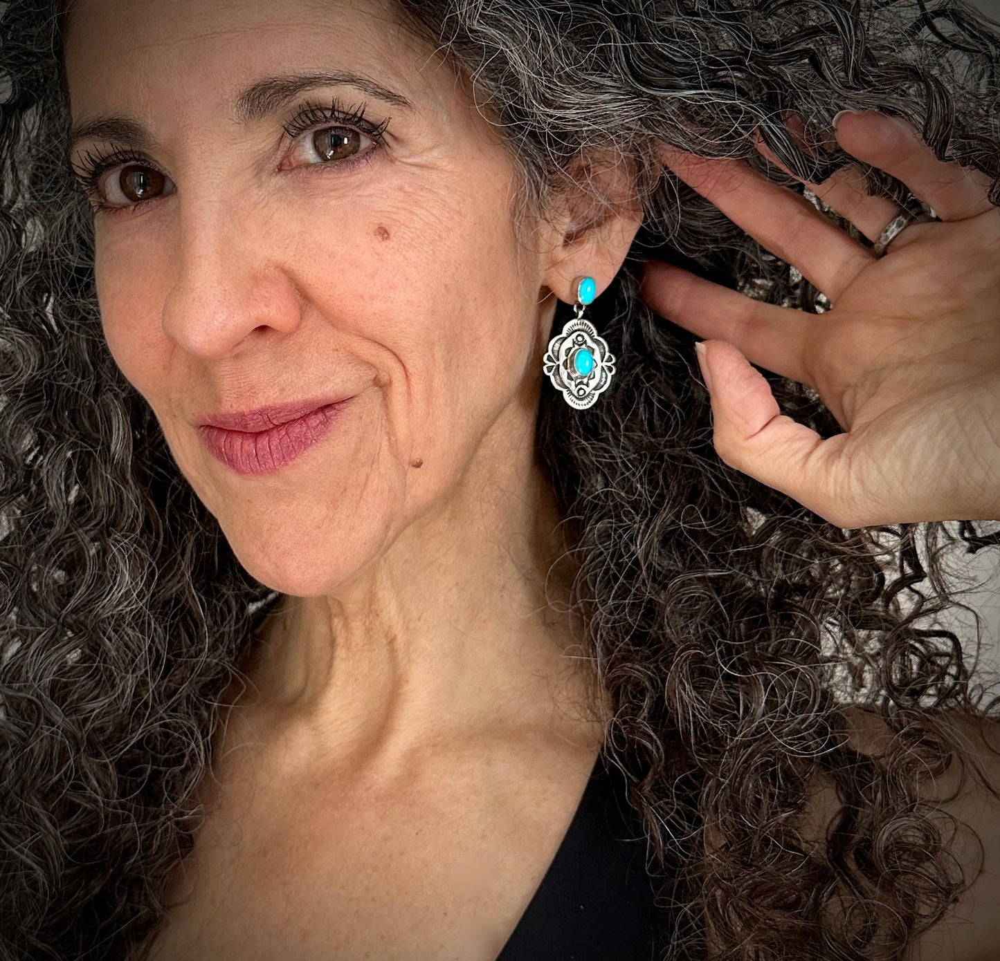 Navajo Turquoise Stamped Concho Earrings Native American - Happy Piasso