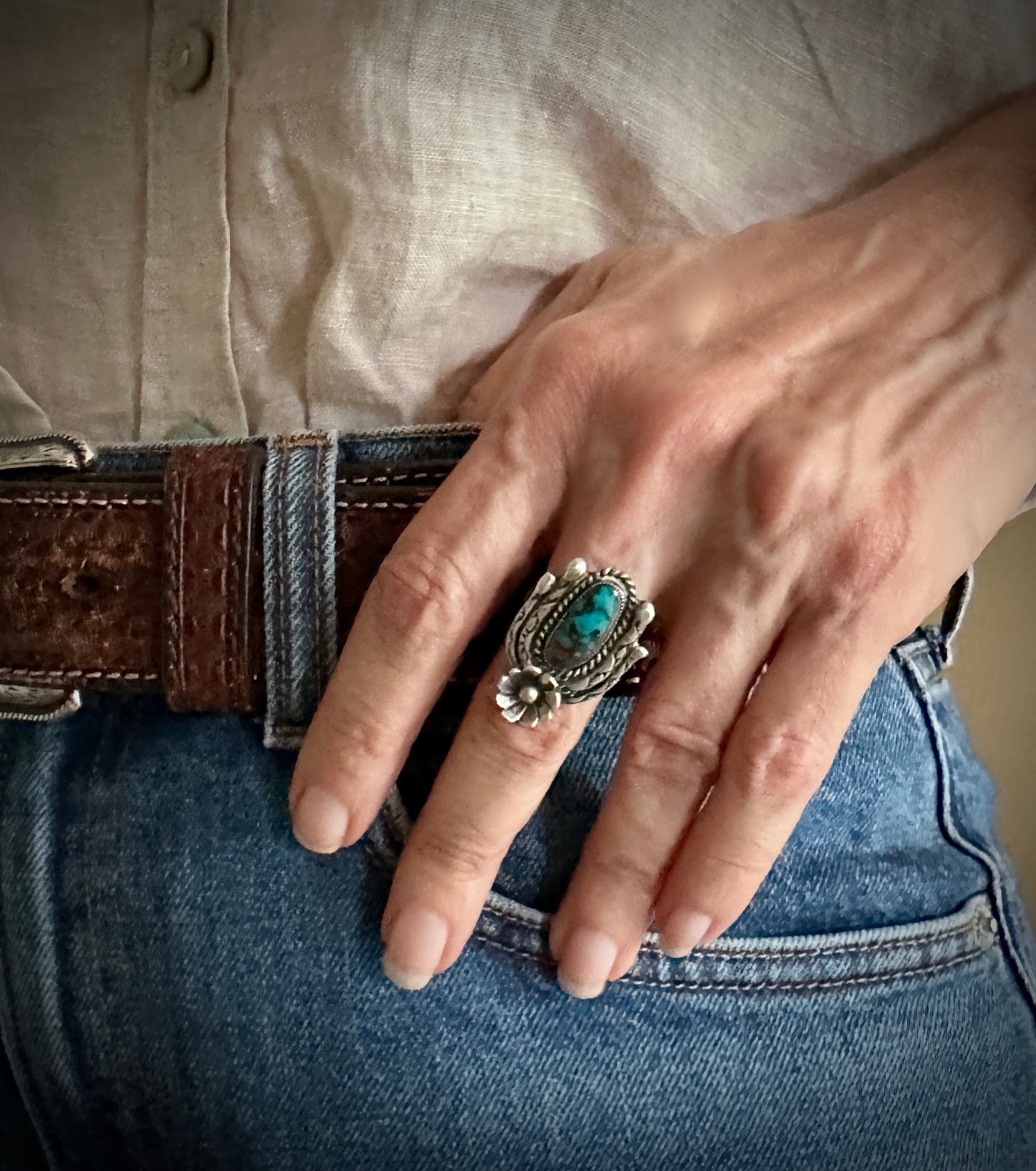 Turquoise Cactus Ring Native American Navajo Sterling Silver Size 7 1/2 - Vintage