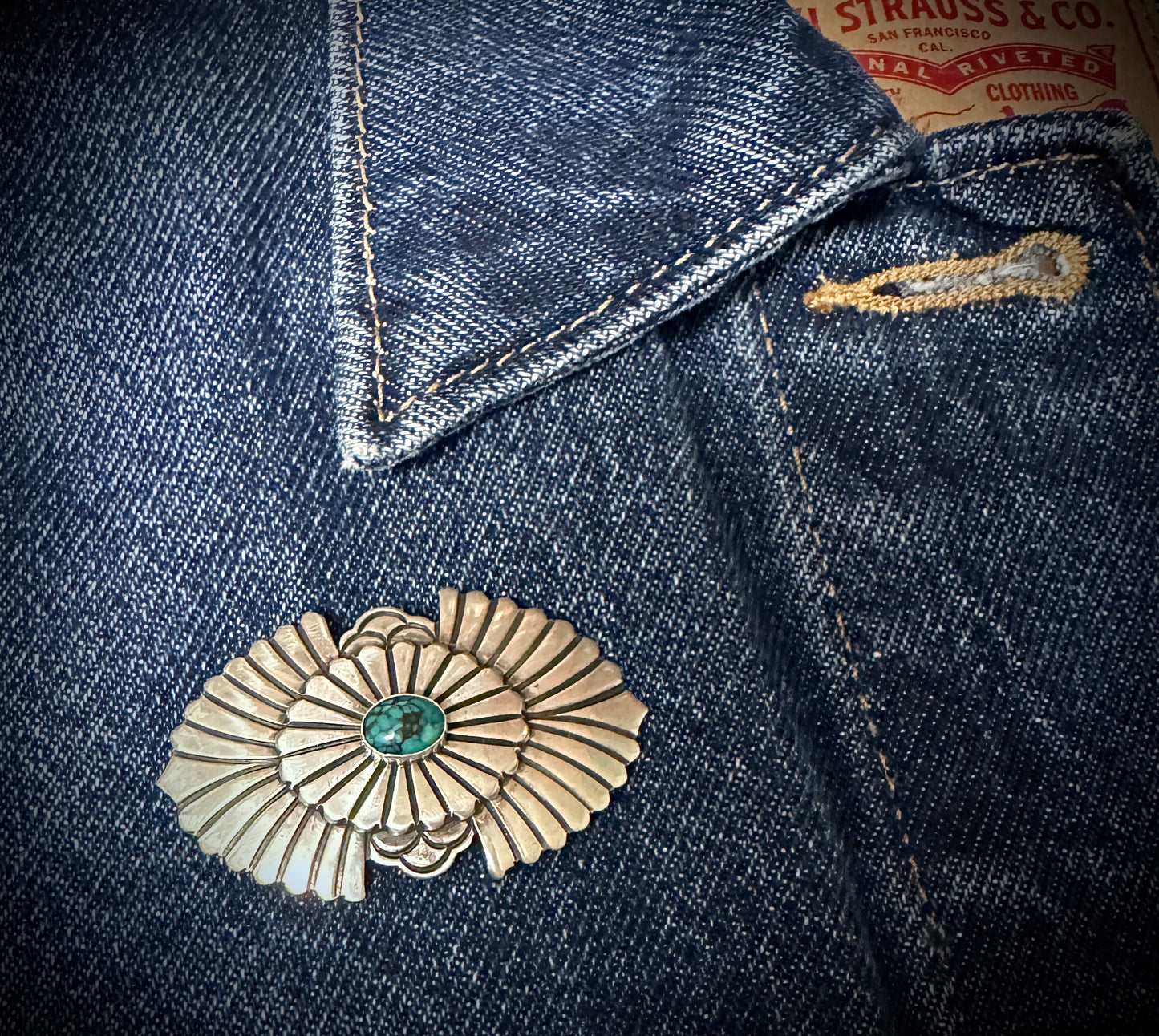 Navajo Turquoise Concho Pin Brooch Hand Stamped Sterling Silver - Gary Reeves