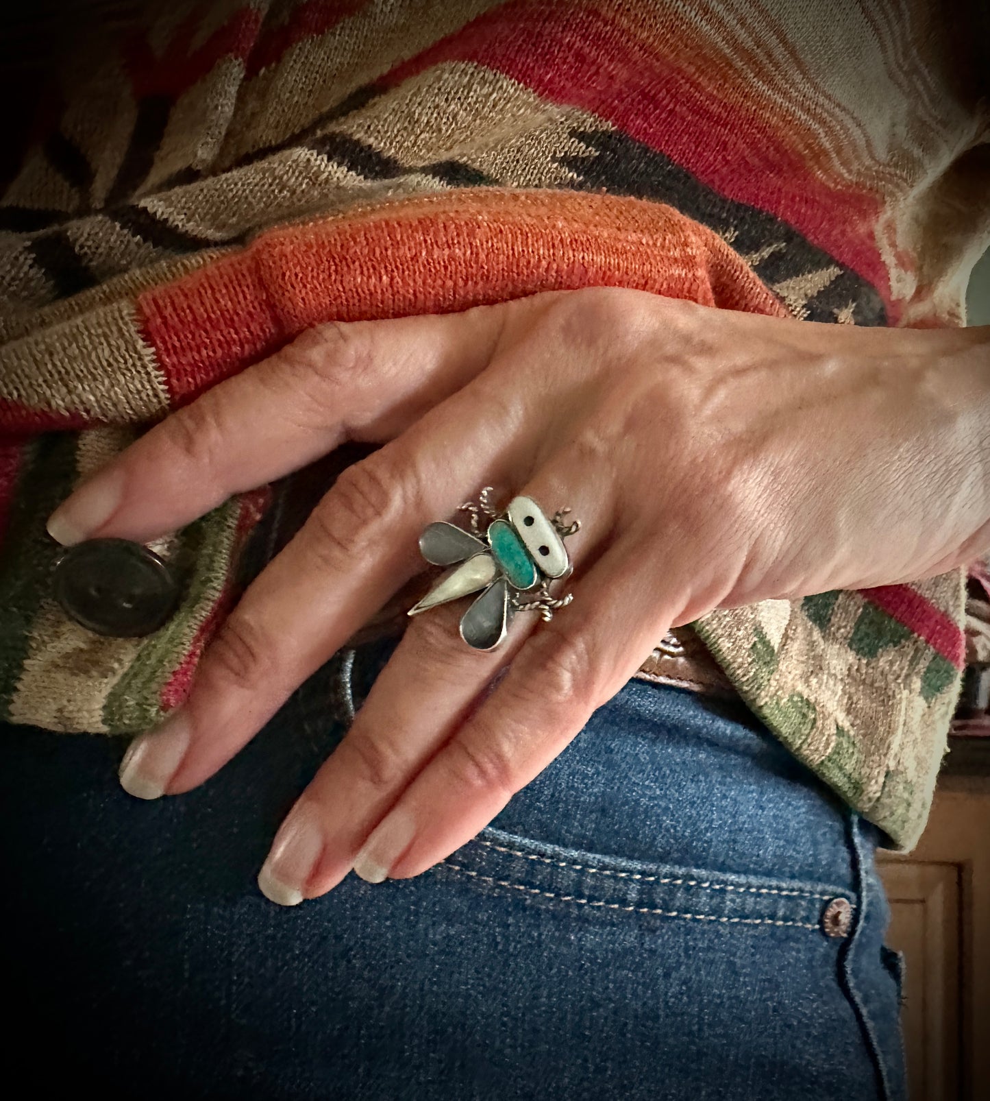 Zuni Inlay Bug Ring Native American Size 6 - Vintage