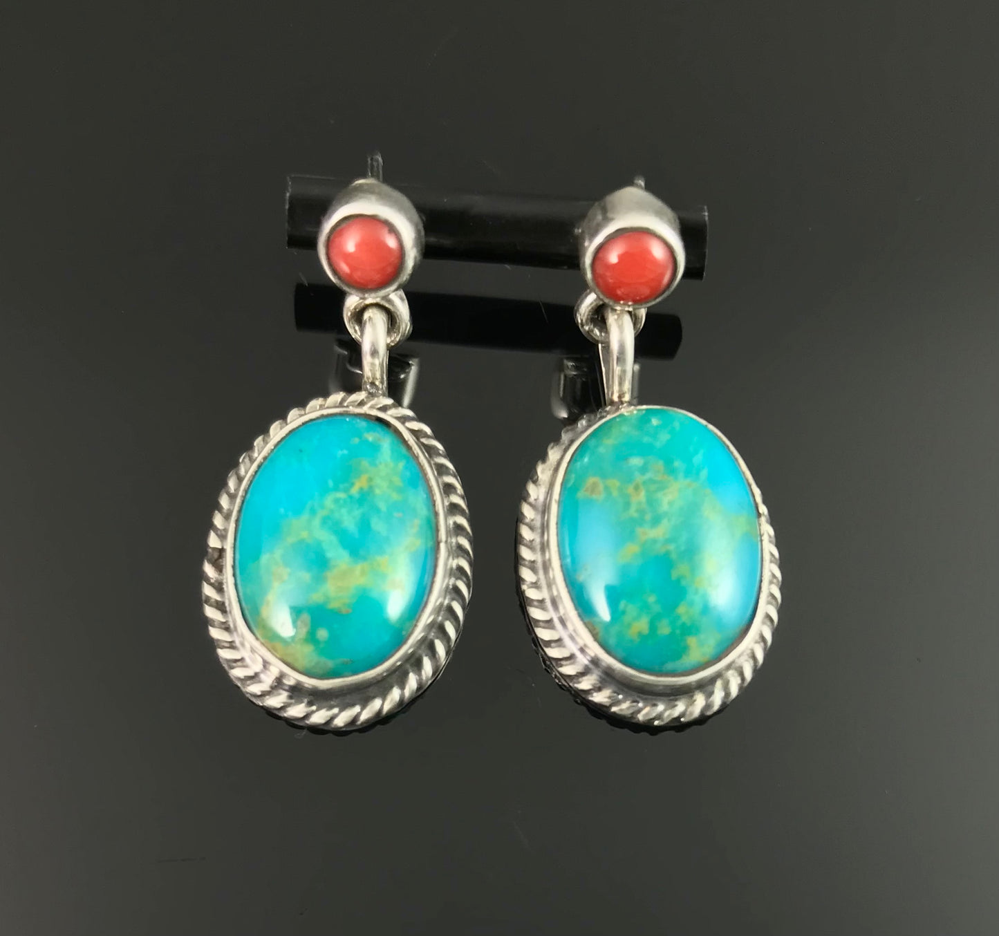 Turquoise and Red Coral Earrings Navajo Native American Sterling Silver
