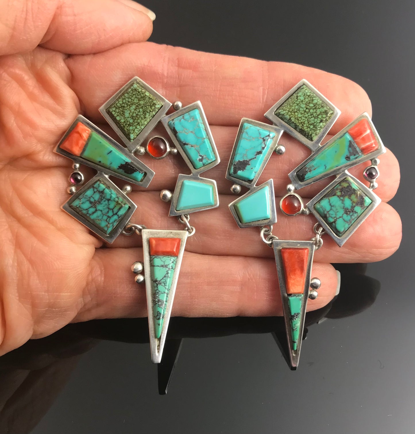 One of a Kind Abstract Modernist Turquoise, Spiny Oyster Earrings - Aurum