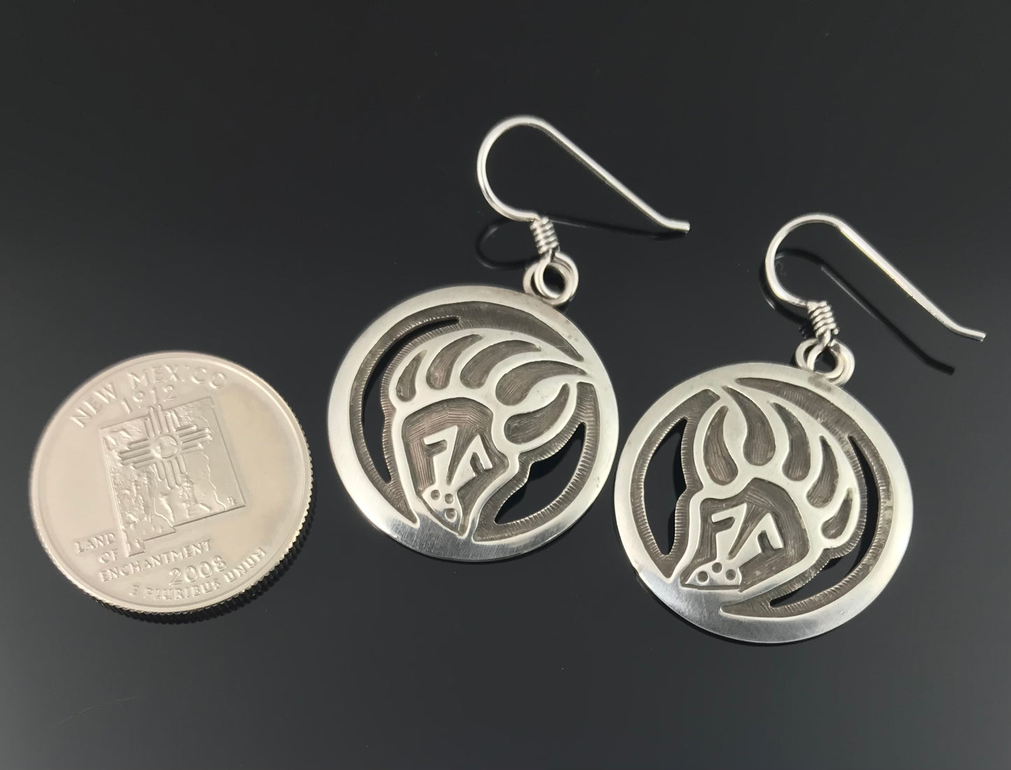 Hopi Overlay Bear Paw Sterling Silver Earrings Native American - Vintage