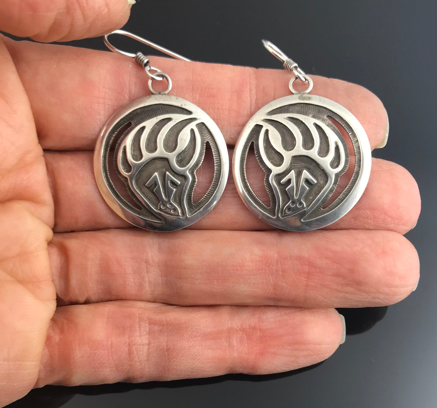 Hopi Overlay Bear Paw Sterling Silver Earrings Native American - Vintage