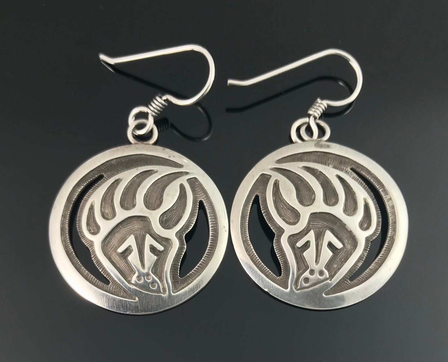 Hopi Overlay Bear Paw Sterling Silver Earrings Native American - Vintage
