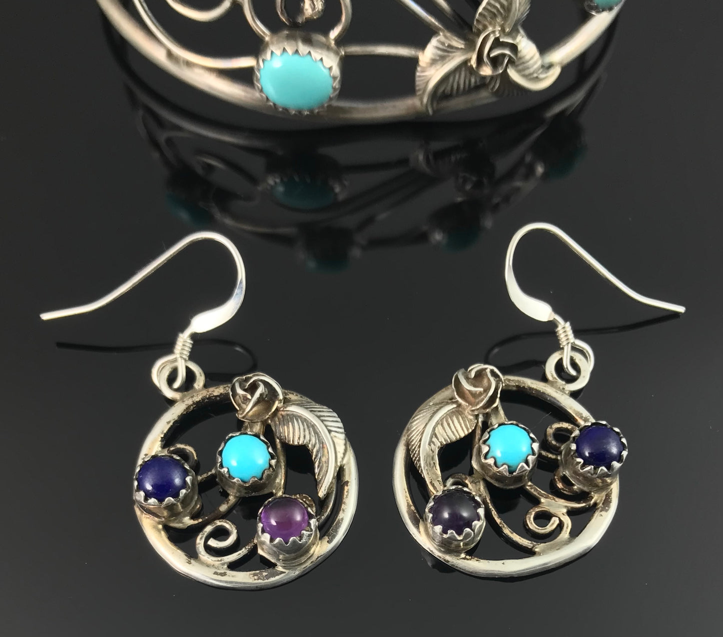 Turquoise on Swirling Wind Native American Navajo Cuff Bracelet and Earrings