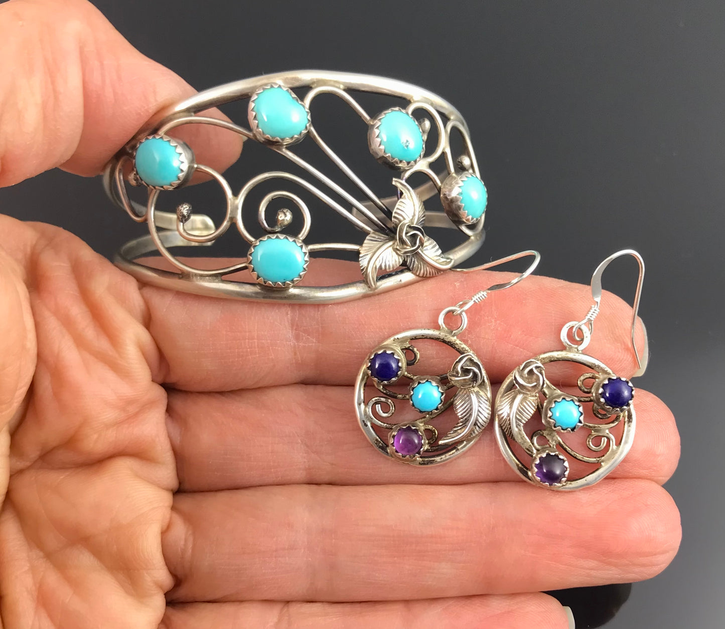 Turquoise on Swirling Wind Native American Navajo Cuff Bracelet and Earrings