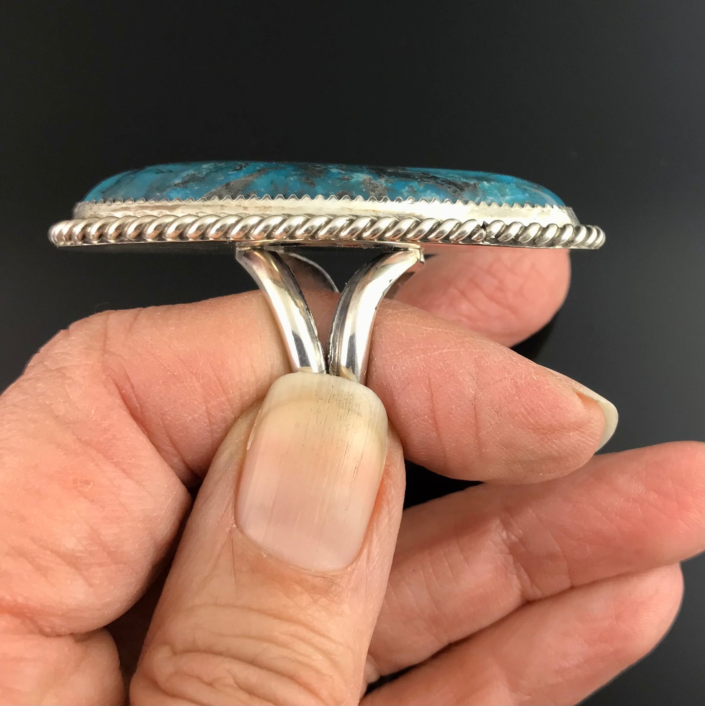 Large! Kingman Turquoise Native American Navajo Ring Size 10 Signed - Leslie Nez