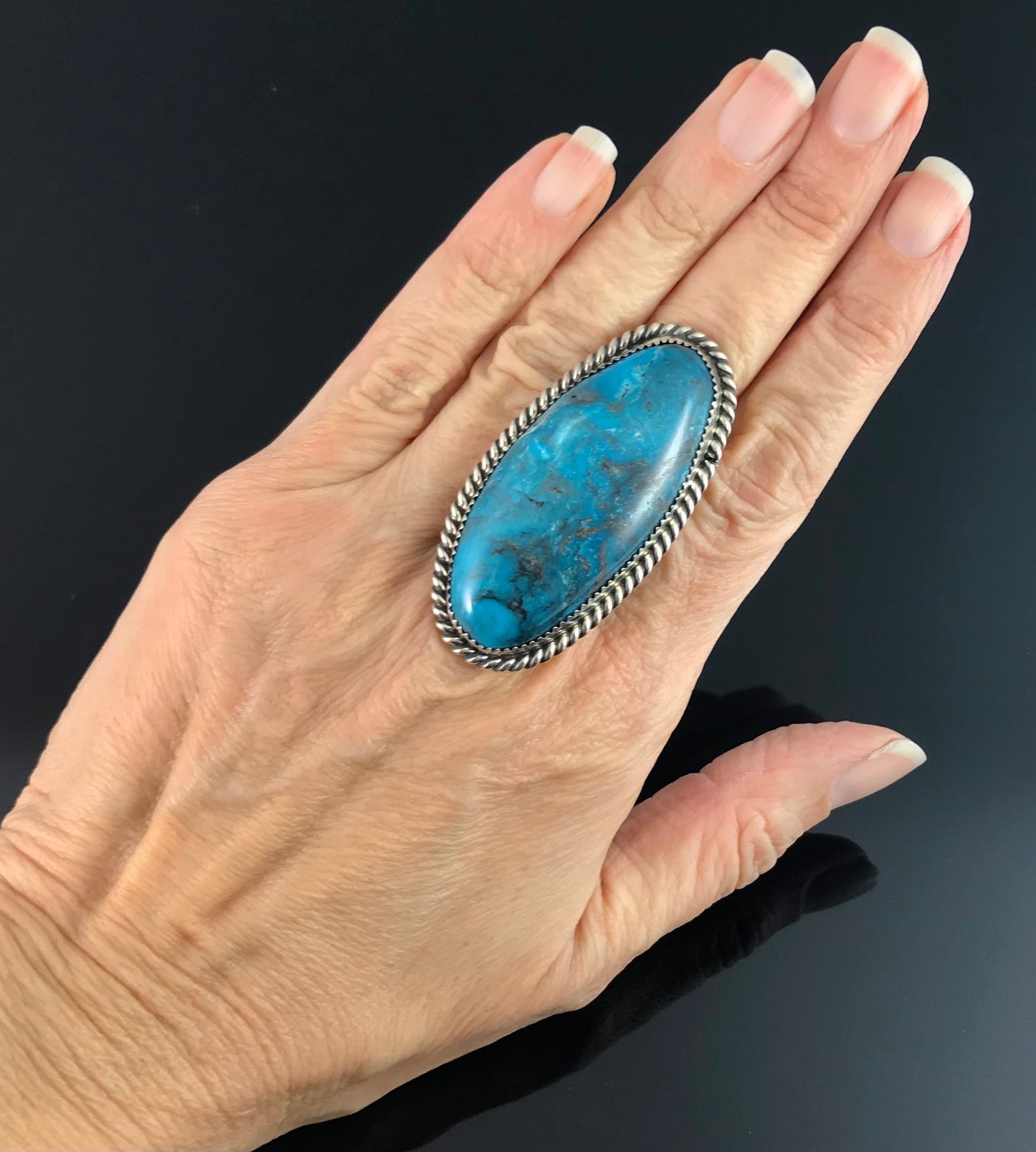 Large! Kingman Turquoise Native American Navajo Ring Size 10 Signed - Leslie Nez