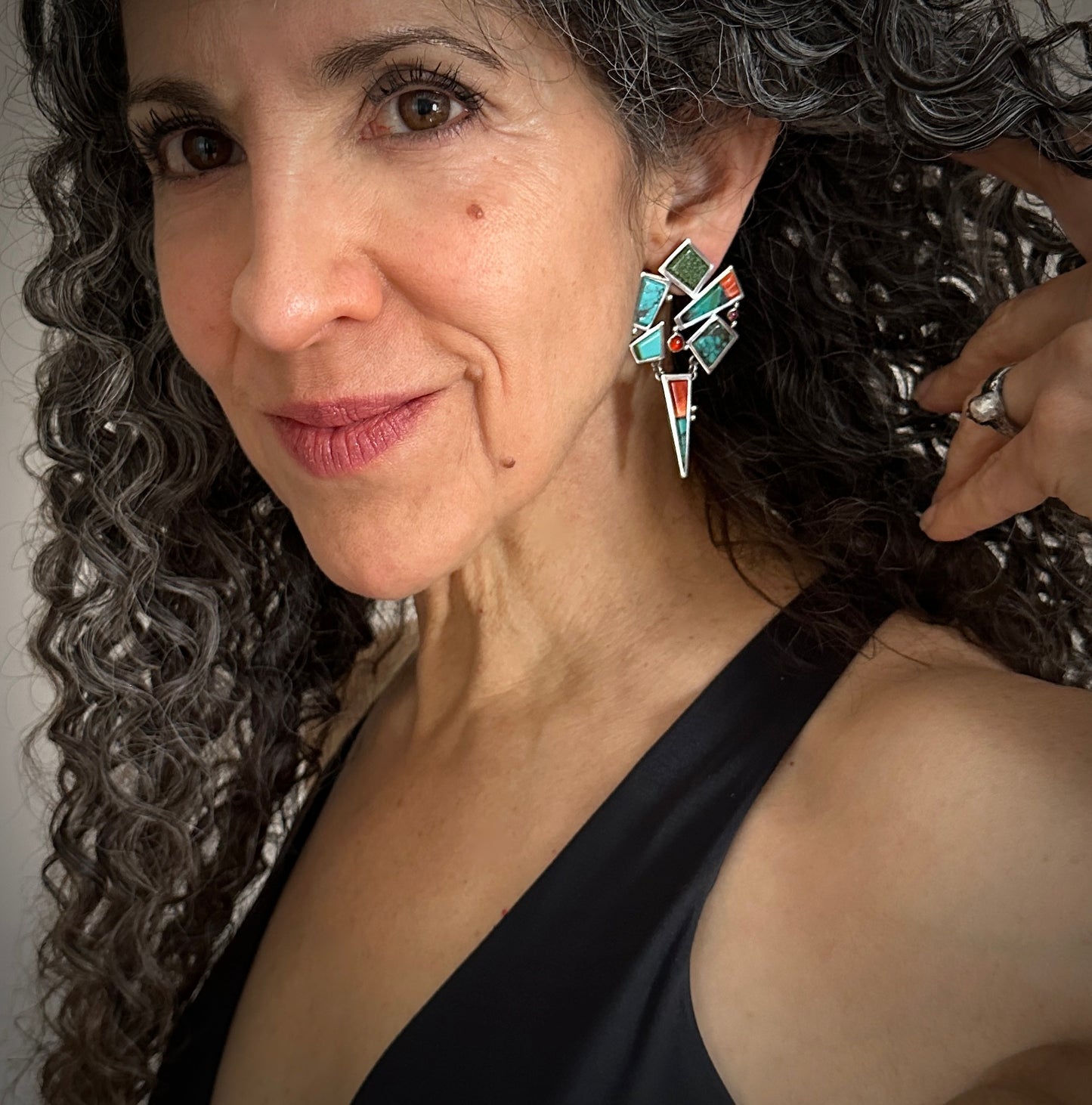 One of a Kind Abstract Modernist Turquoise, Spiny Oyster Earrings - Aurum