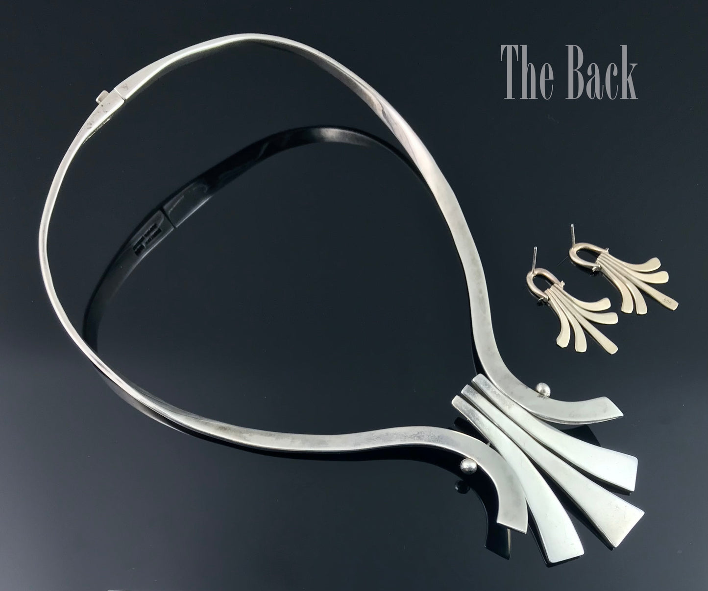 Mexican Modernist Pectoral Hinged Collar Necklace, Bracelet, and Earrings Set Sterling Silver