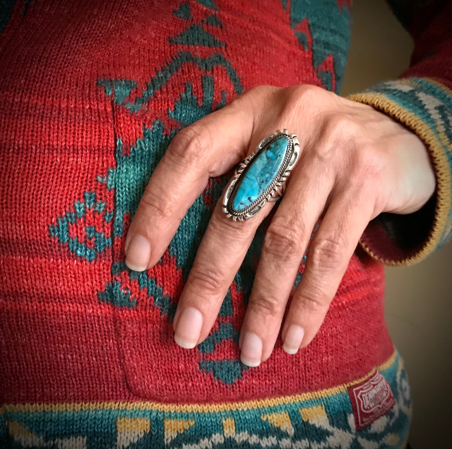 Long Turquoise Ring Navajo Native American Size 8 Sterling Silver