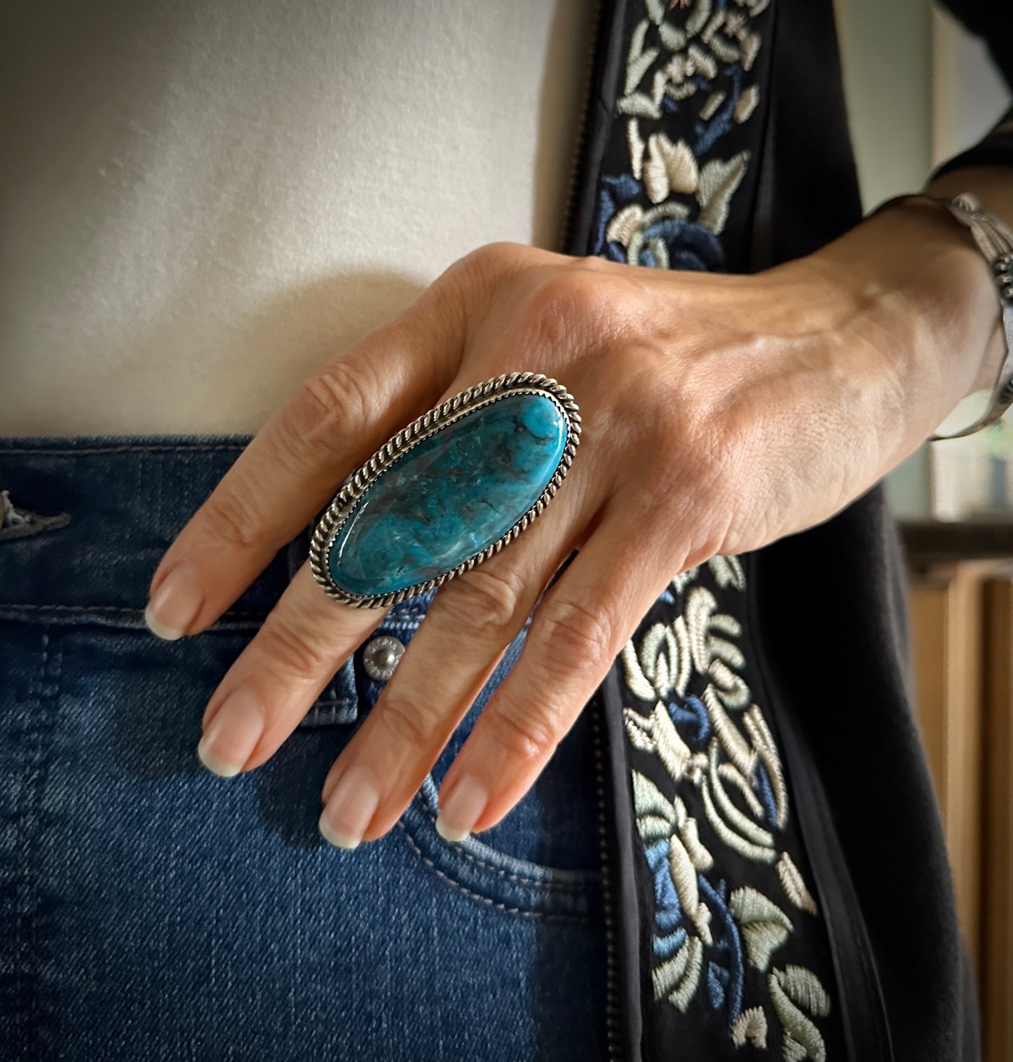 Large! Kingman Turquoise Native American Navajo Ring Size 10 Signed - Leslie Nez