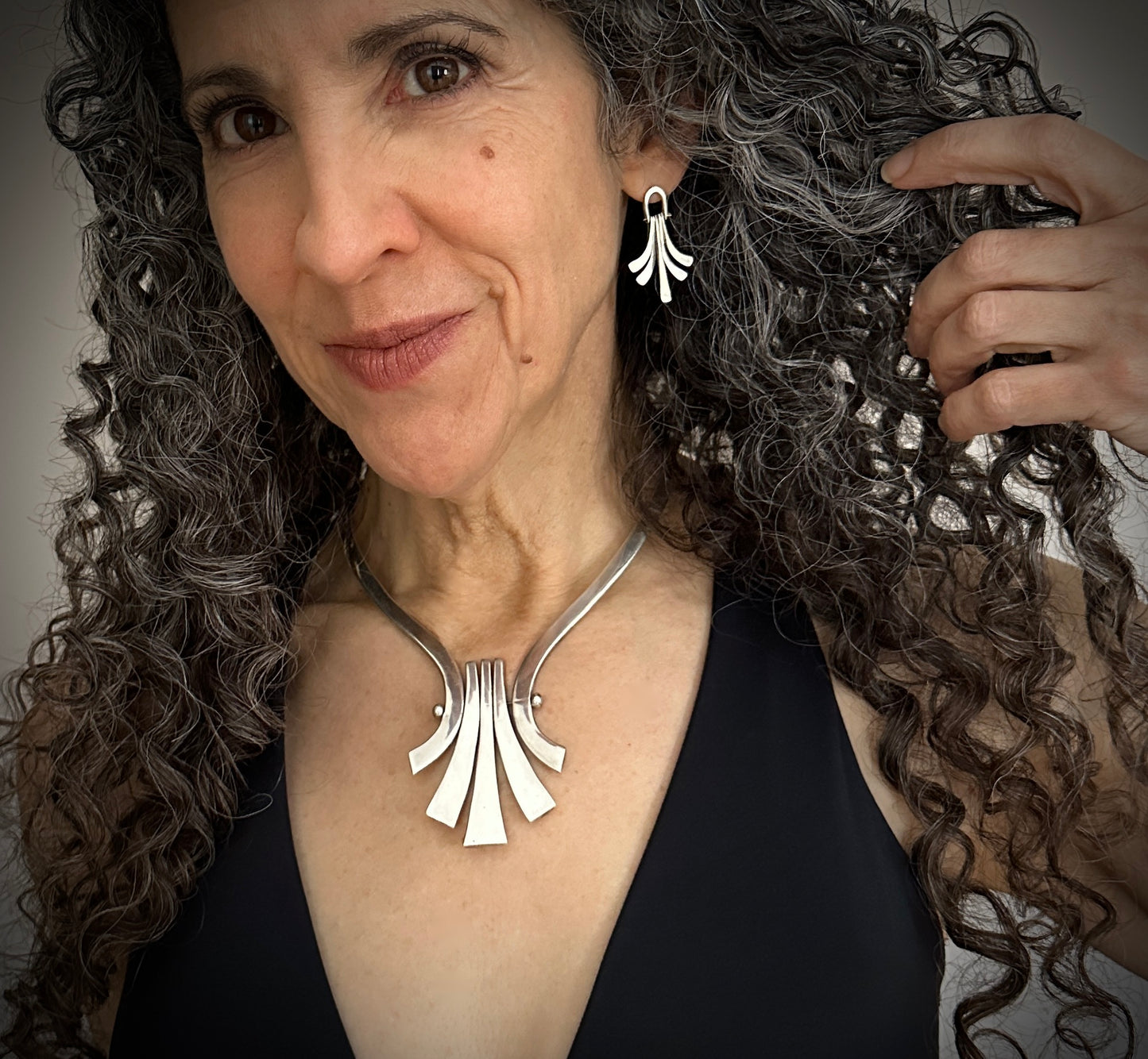 Mexican Modernist Pectoral Hinged Collar Necklace, Bracelet, and Earrings Set Sterling Silver
