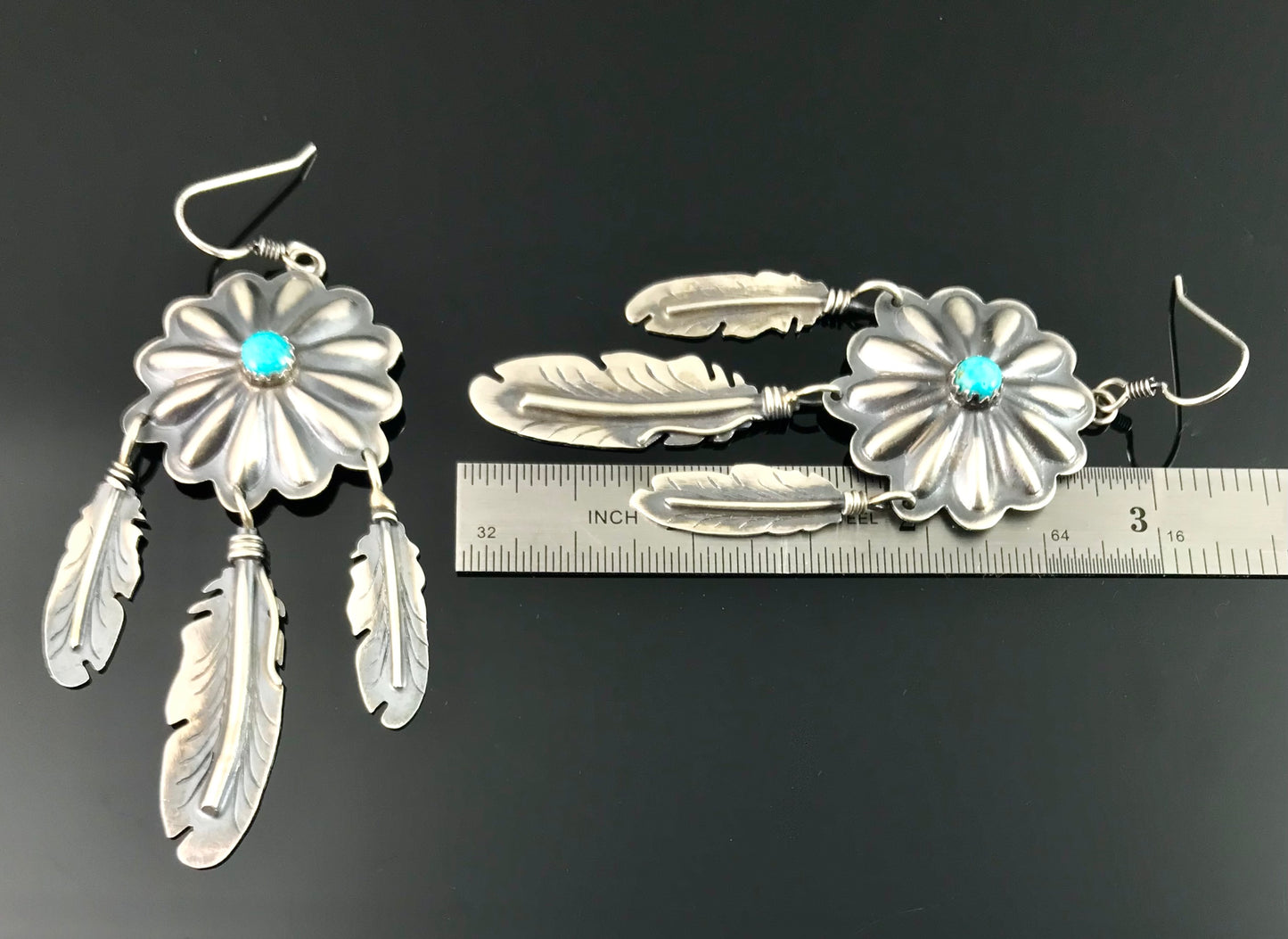 Turquoise Concho and Feather Earrings Native American Navajo - Cordarllo Chee.