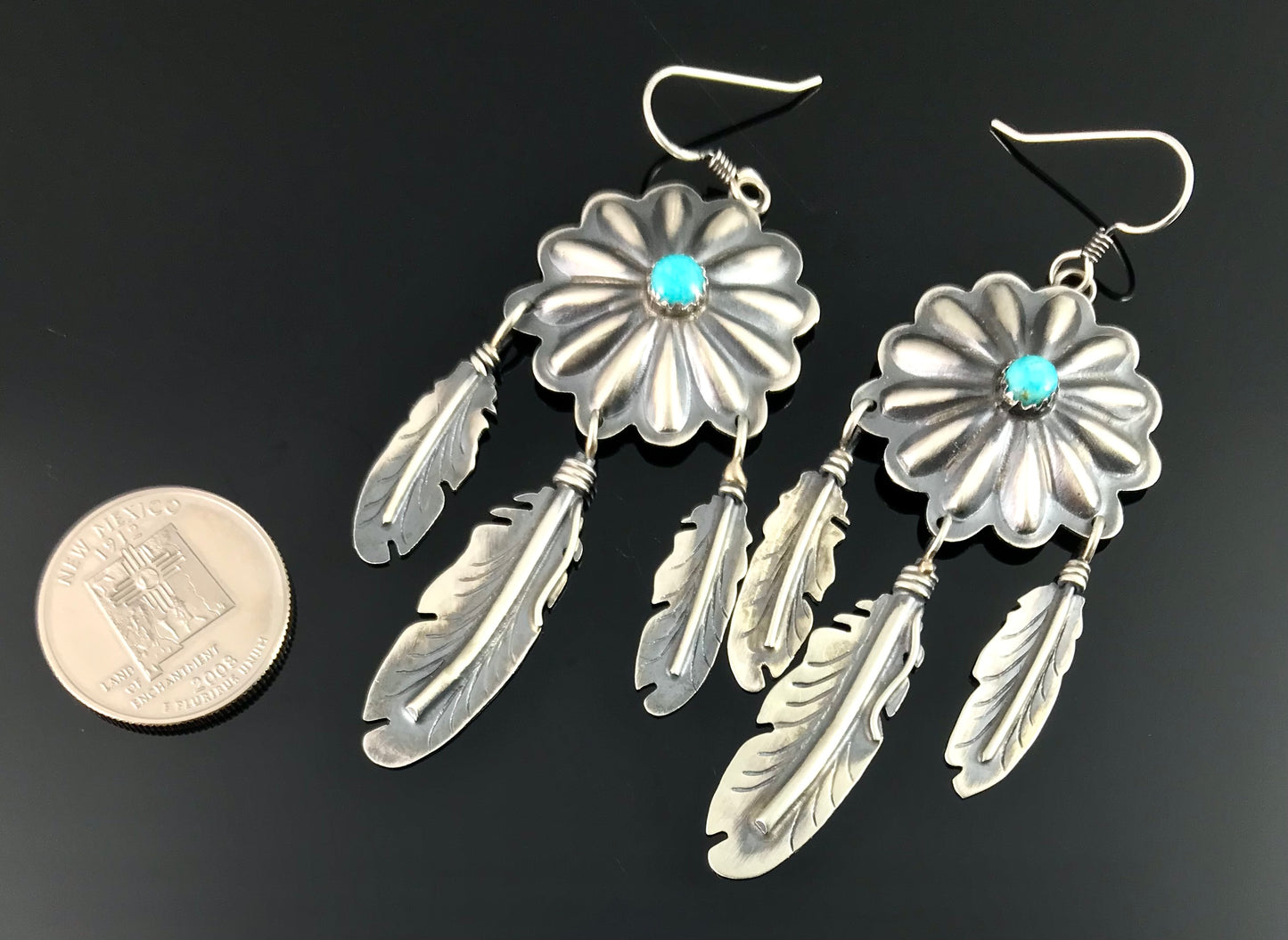 Turquoise Concho and Feather Earrings Native American Navajo - Cordarllo Chee.