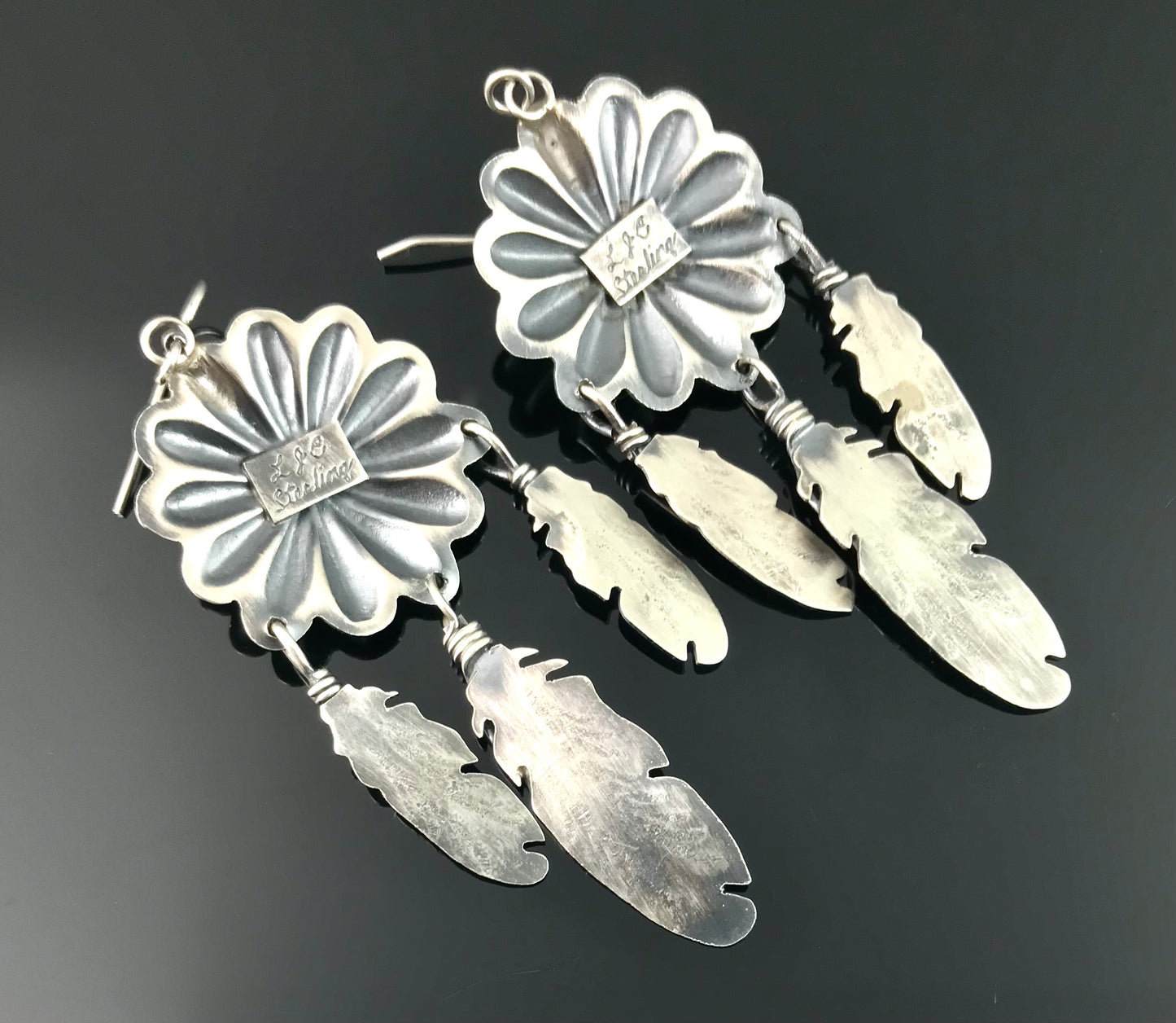 Turquoise Concho and Feather Earrings Native American Navajo - Cordarllo Chee.
