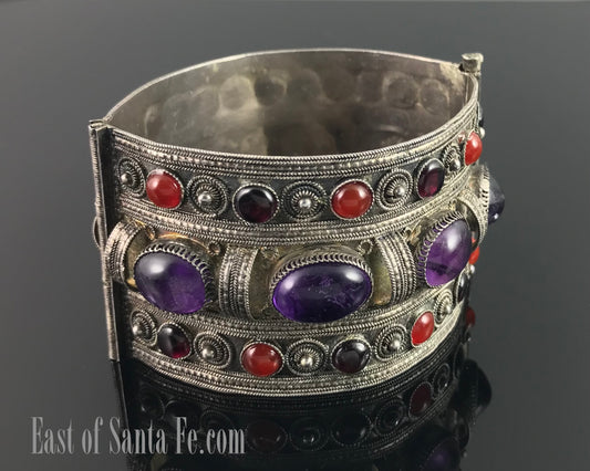 Antique Yemenite Tribal Filigree Amethyst, Garnet, and Carnelian Bracelet
