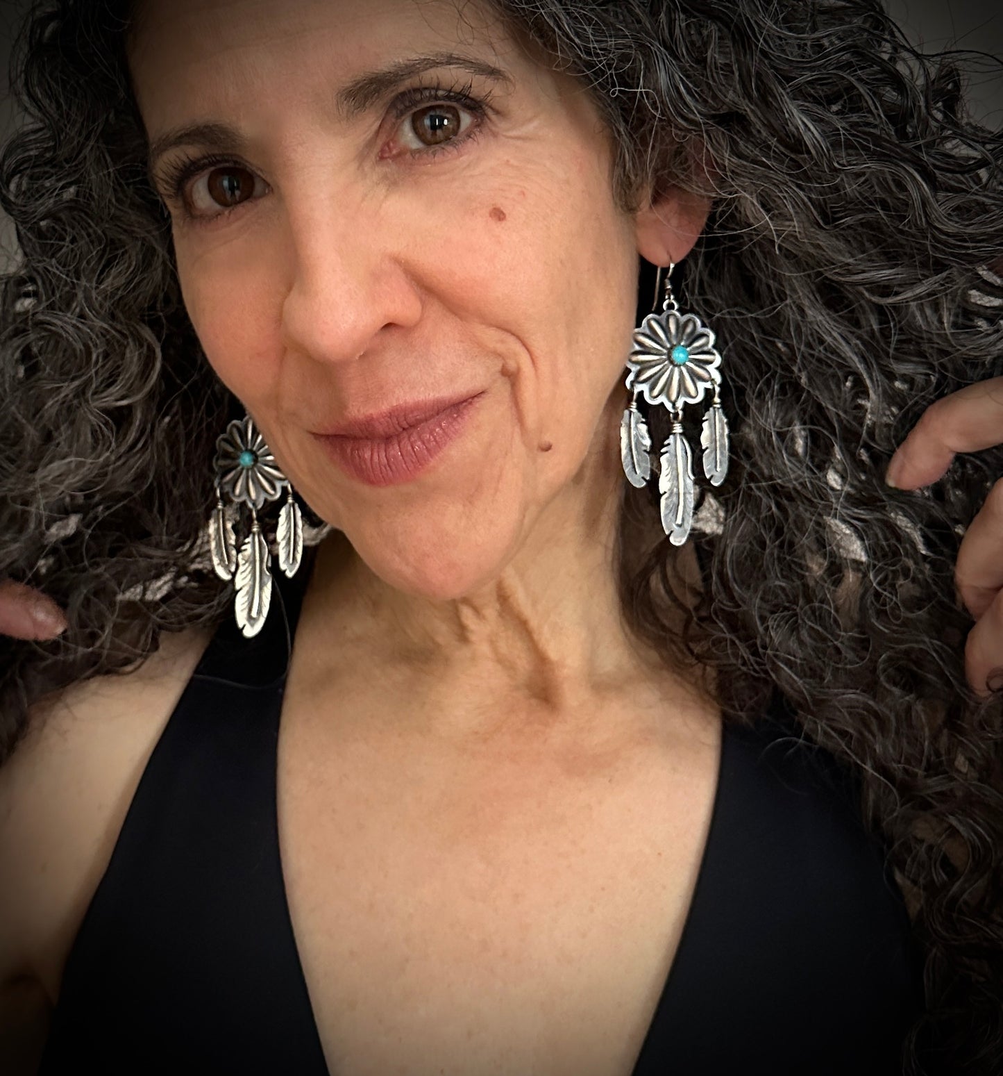 Turquoise Concho and Feather Earrings Native American Navajo - Cordarllo Chee.