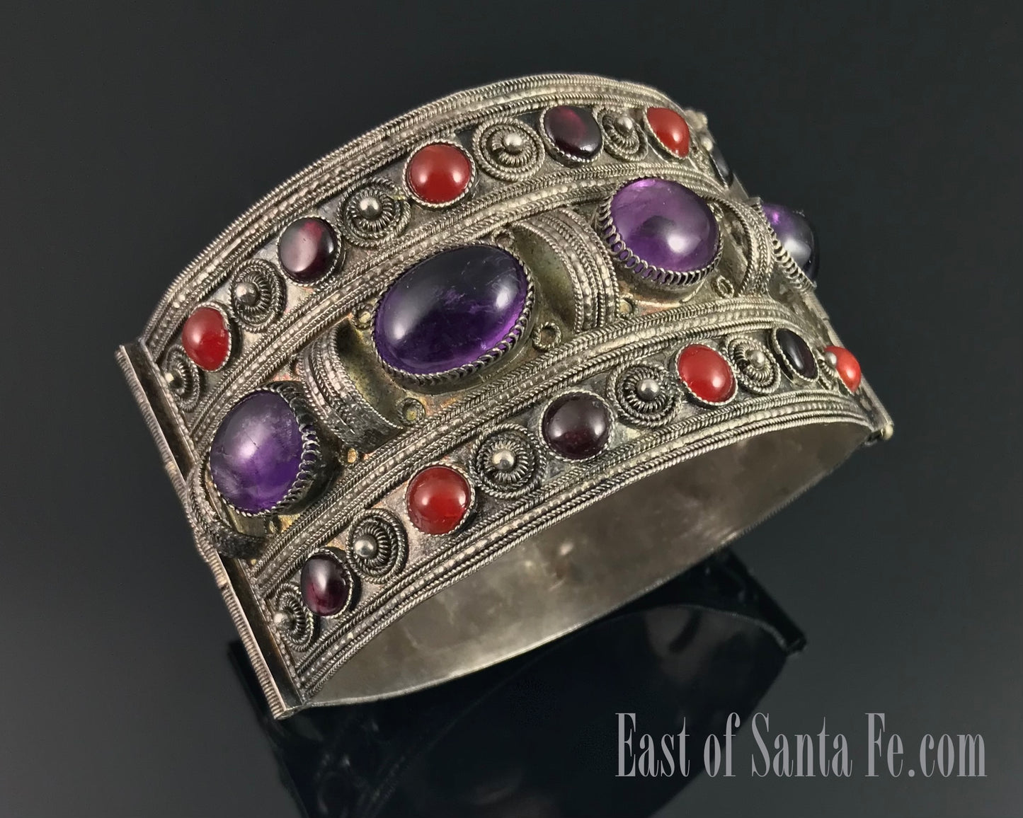 Antique Yemenite Tribal Filigree Amethyst, Garnet, and Carnelian Bracelet