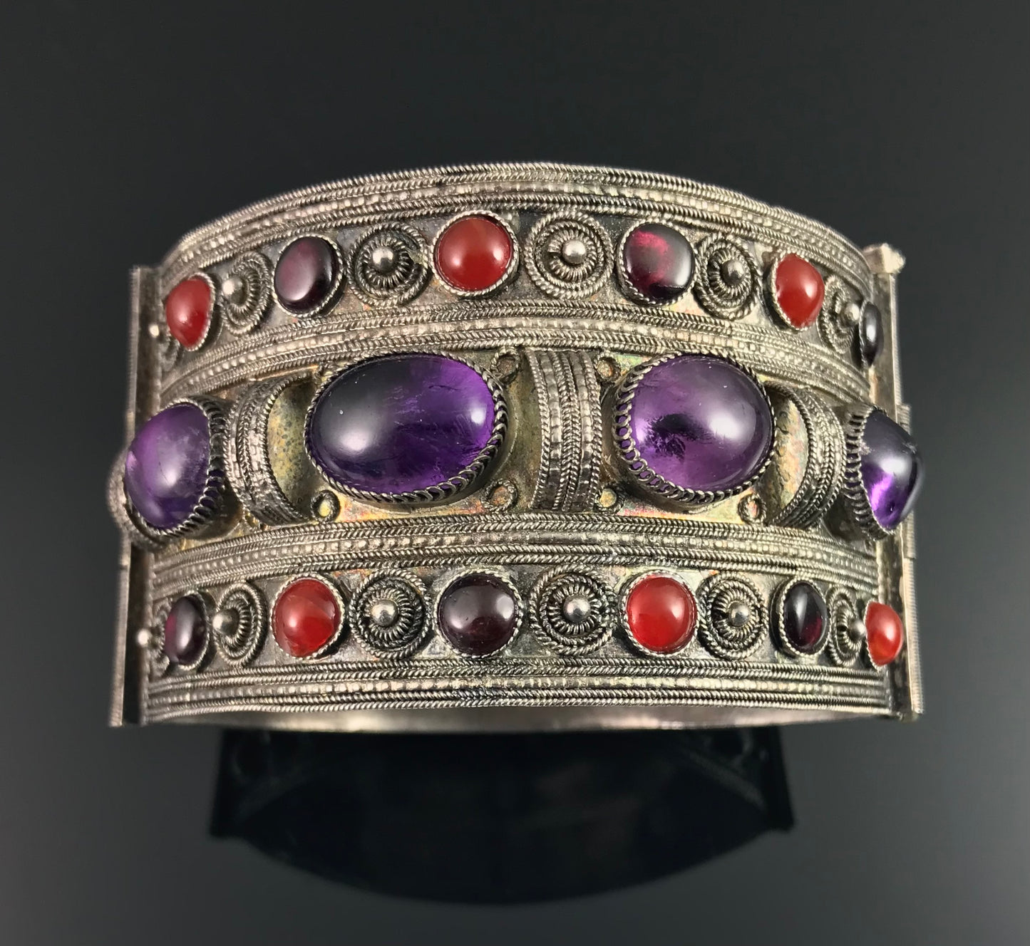 Antique Yemenite Tribal Filigree Amethyst, Garnet, and Carnelian Bracelet