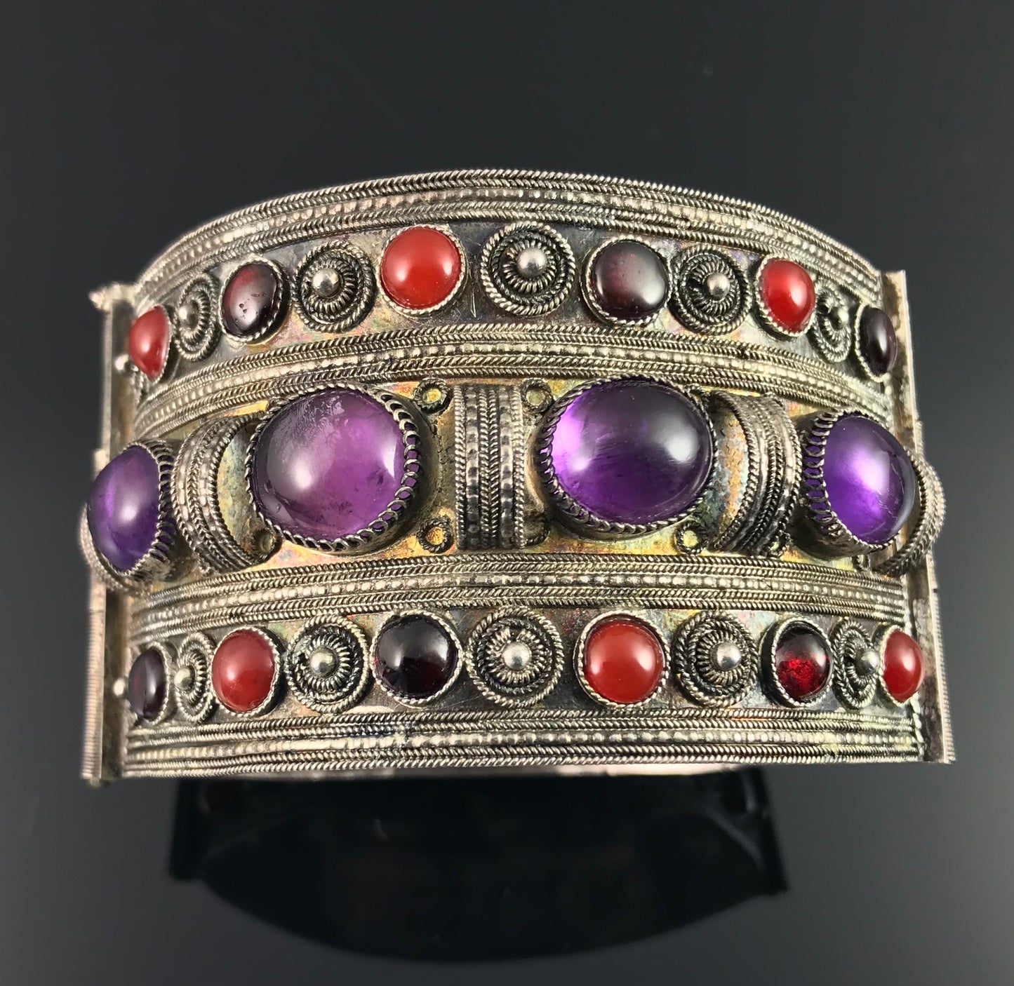 Antique Yemenite Tribal Filigree Amethyst, Garnet, and Carnelian Bracelet