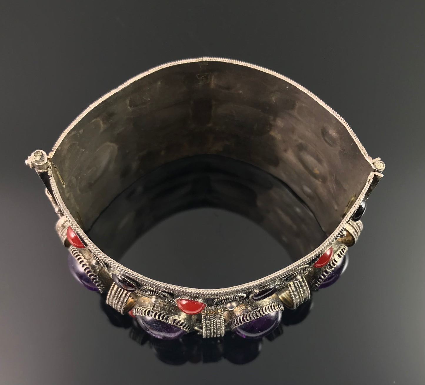 Antique Yemenite Tribal Filigree Amethyst, Garnet, and Carnelian Bracelet