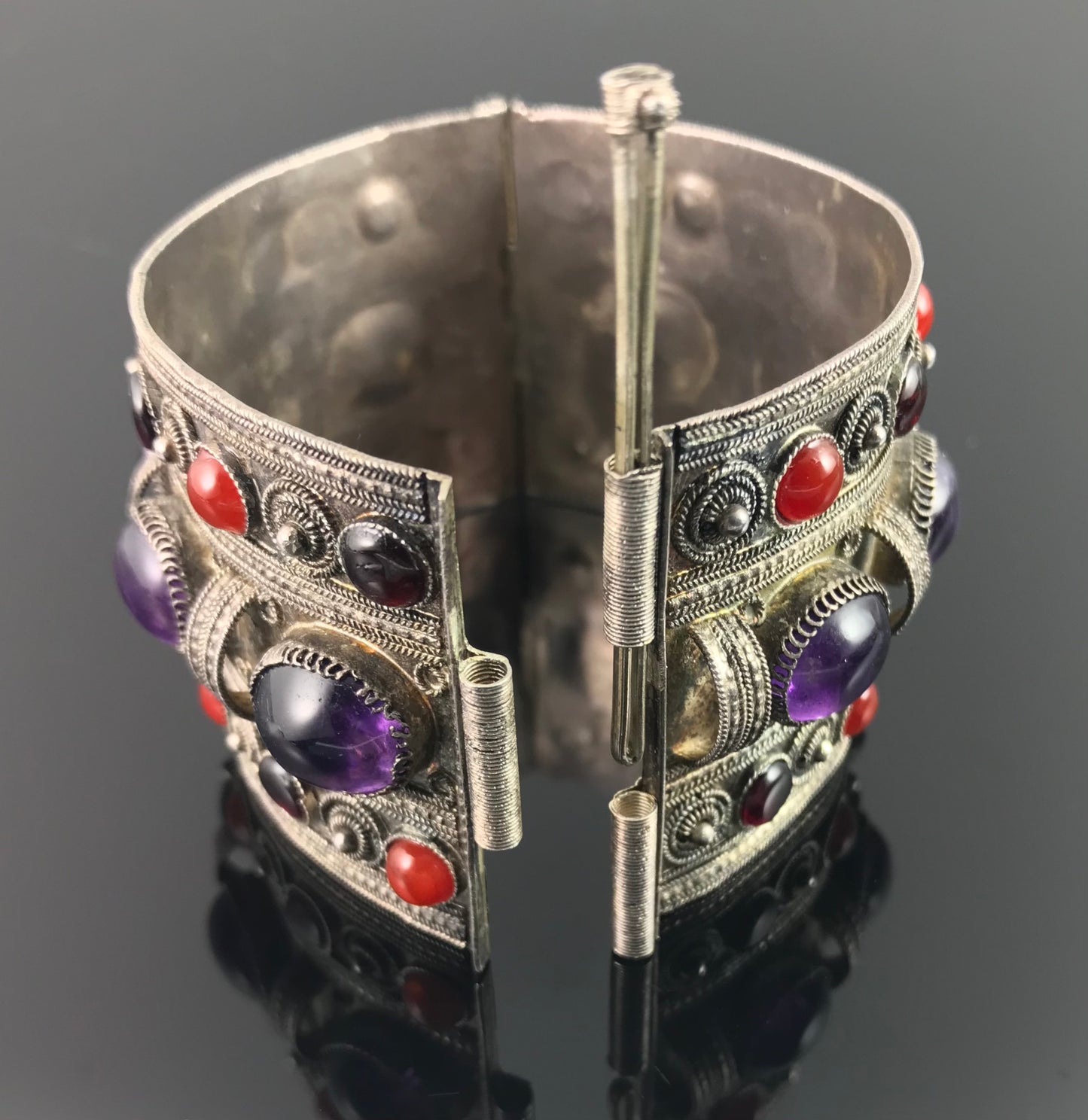 Antique Yemenite Tribal Filigree Amethyst, Garnet, and Carnelian Bracelet