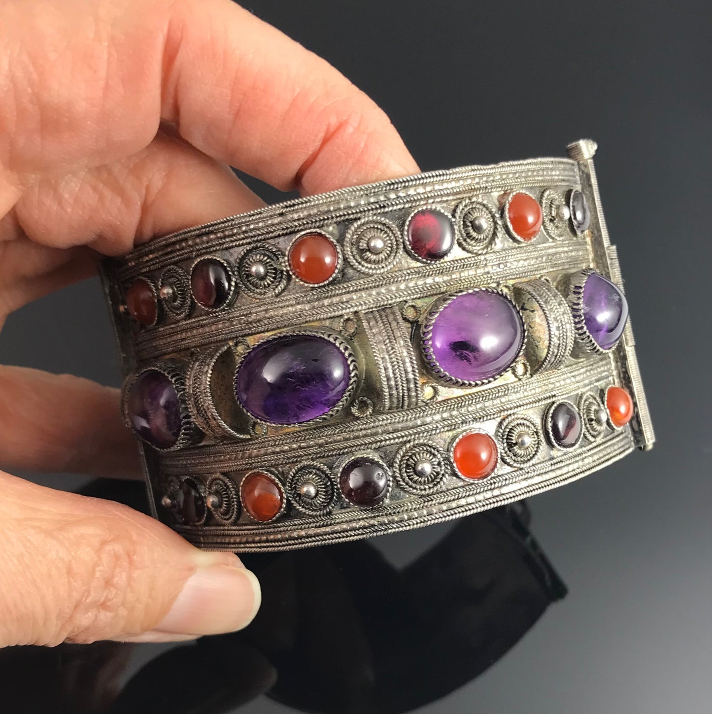 Antique Yemenite Tribal Filigree Amethyst, Garnet, and Carnelian Bracelet