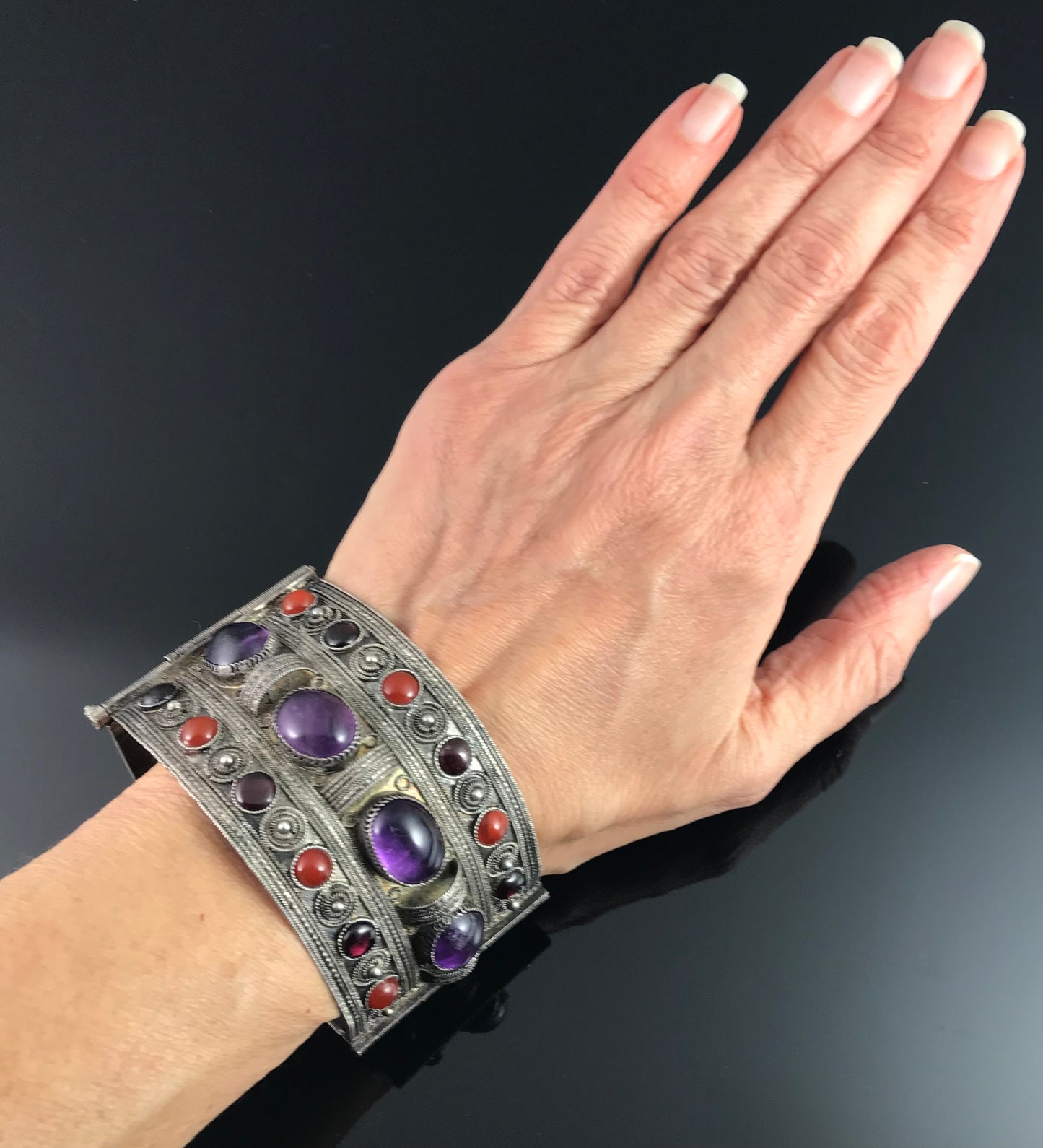 Antique Yemenite Tribal Filigree Amethyst, Garnet, and Carnelian Bracelet
