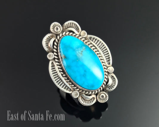 Turquoise Native American Navajo Sterling Silver Ring Size 8 Signed - E M Linkin