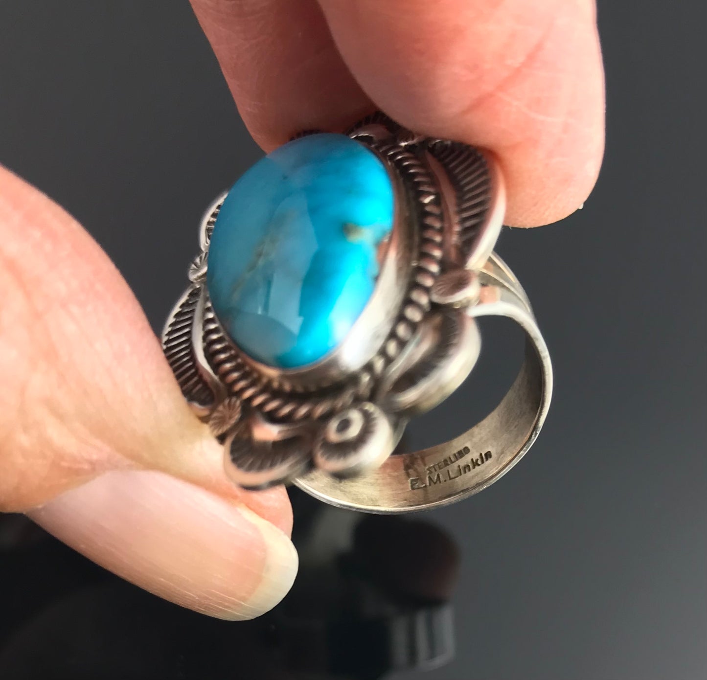 Turquoise Native American Navajo Sterling Silver Ring Size 8 Signed - E M Linkin