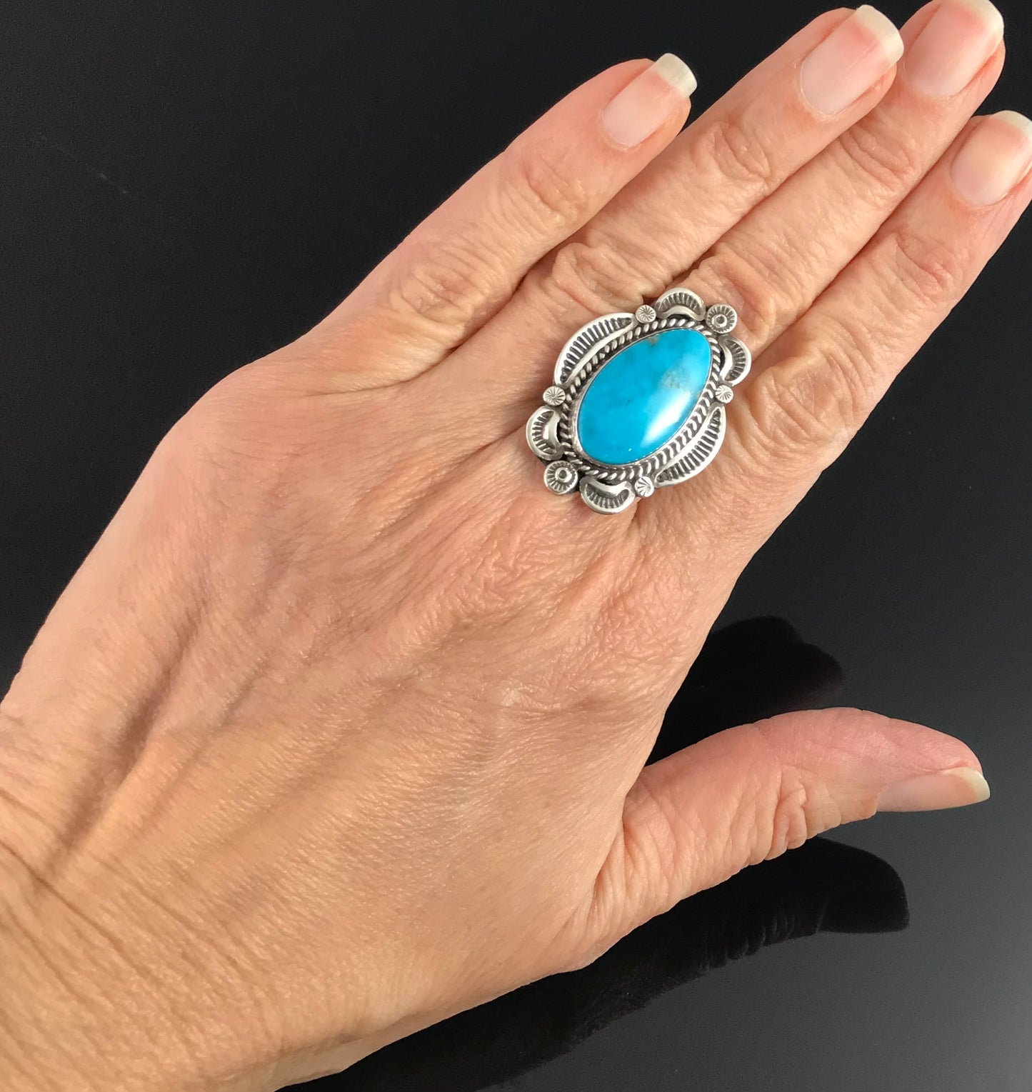 Turquoise Native American Navajo Sterling Silver Ring Size 8 Signed - E M Linkin