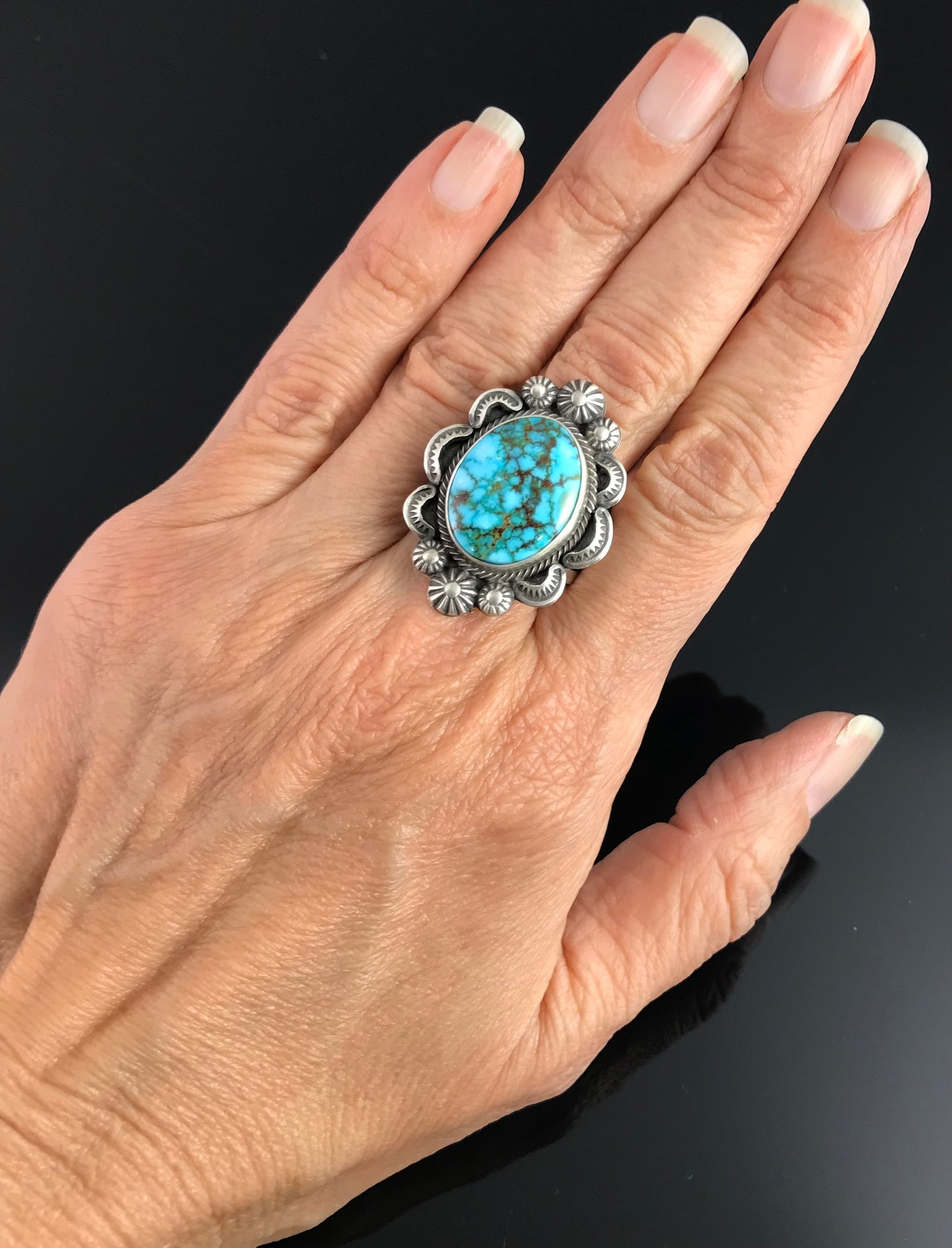 High Quality Spider Web Kingman Turquoise Ring Navajo Native American Size 9 - Benny Ramone