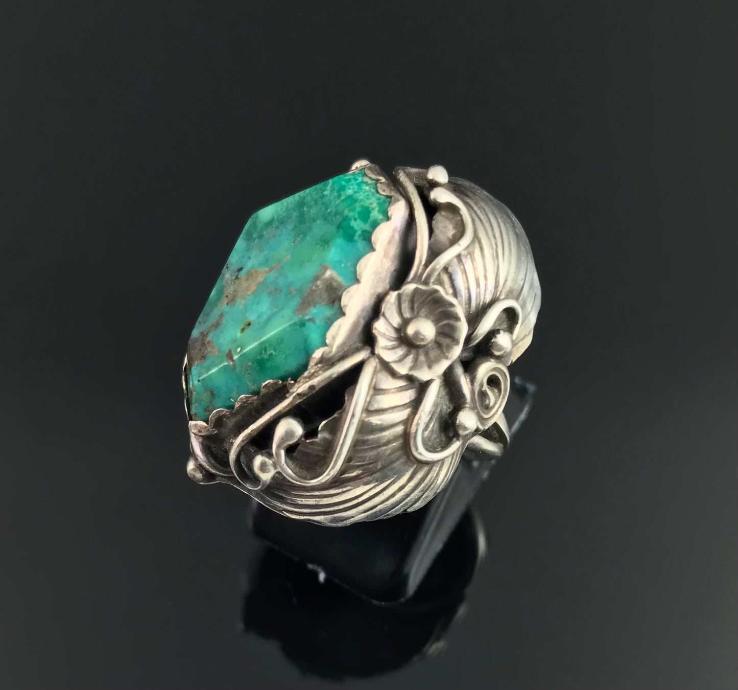 Faceted Turquoise Navajo Native American Sterling Silver Ring Size 8 - Rose Castillo