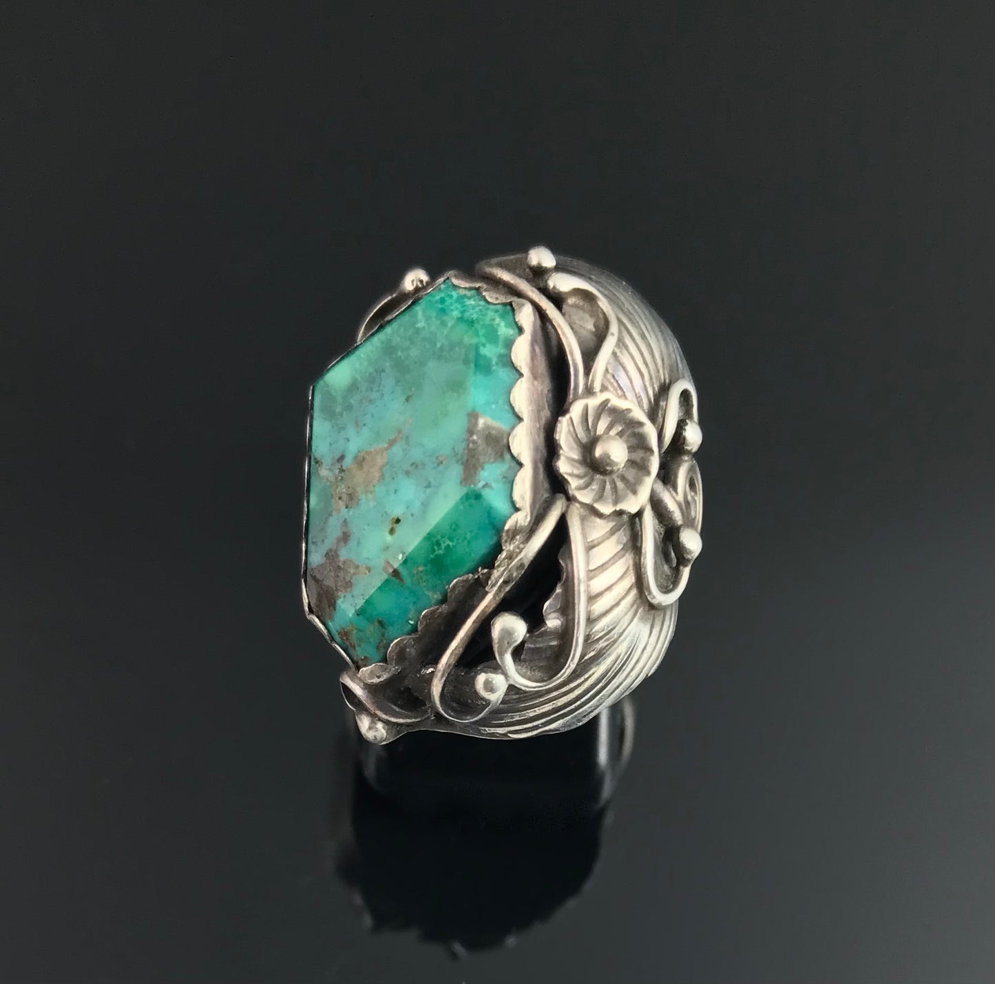 Faceted Turquoise Navajo Native American Sterling Silver Ring Size 8 - Rose Castillo