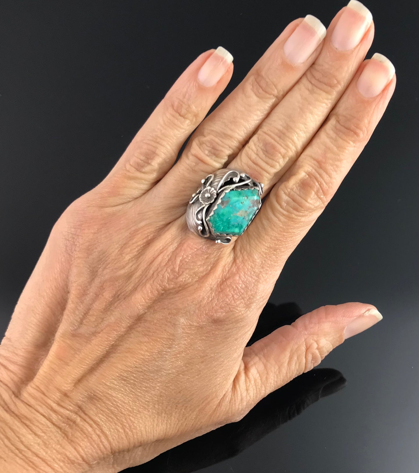Faceted Turquoise Navajo Native American Sterling Silver Ring Size 8 - Rose Castillo