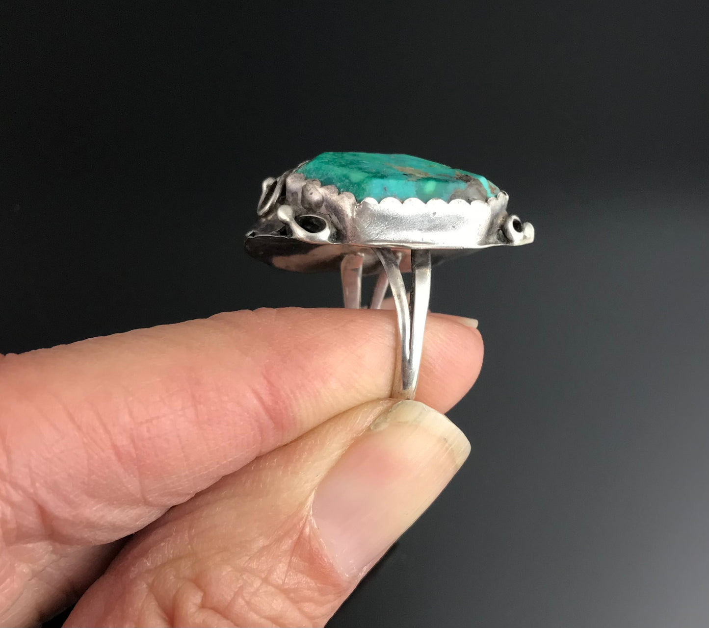 Faceted Turquoise Navajo Native American Sterling Silver Ring Size 8 - Rose Castillo