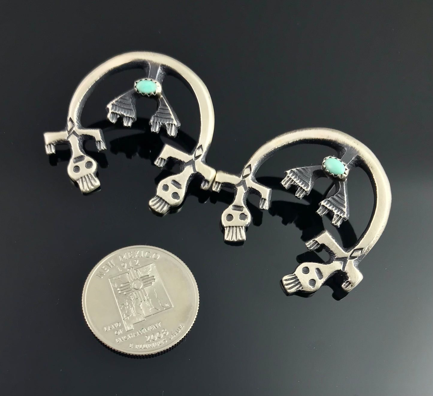 Rainbow Yei Sand Cast Sterling and Turquoise Native American Navajo Earrings - Martha Cayatineto