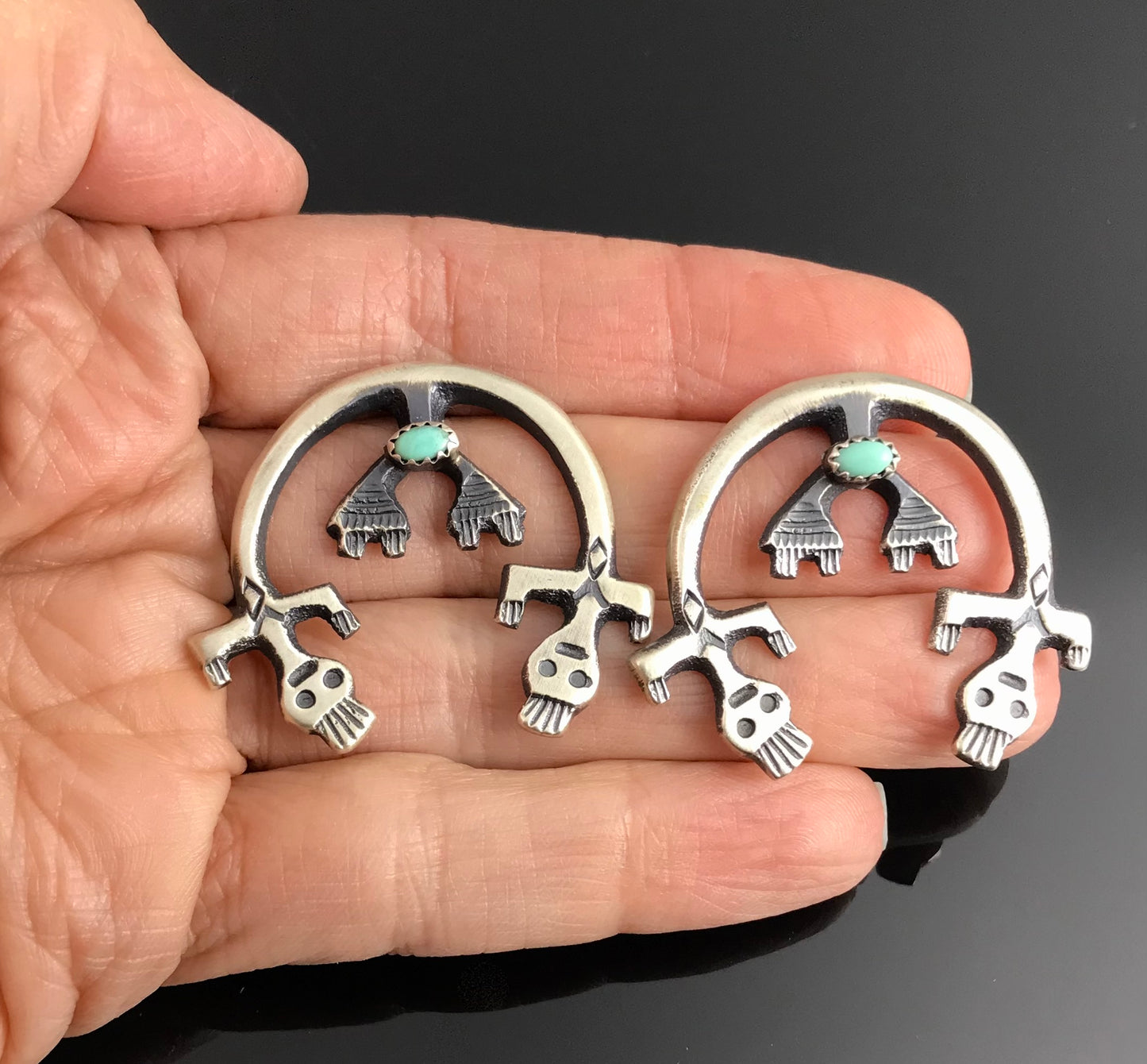 Rainbow Yei Sand Cast Sterling and Turquoise Native American Navajo Earrings - Martha Cayatineto