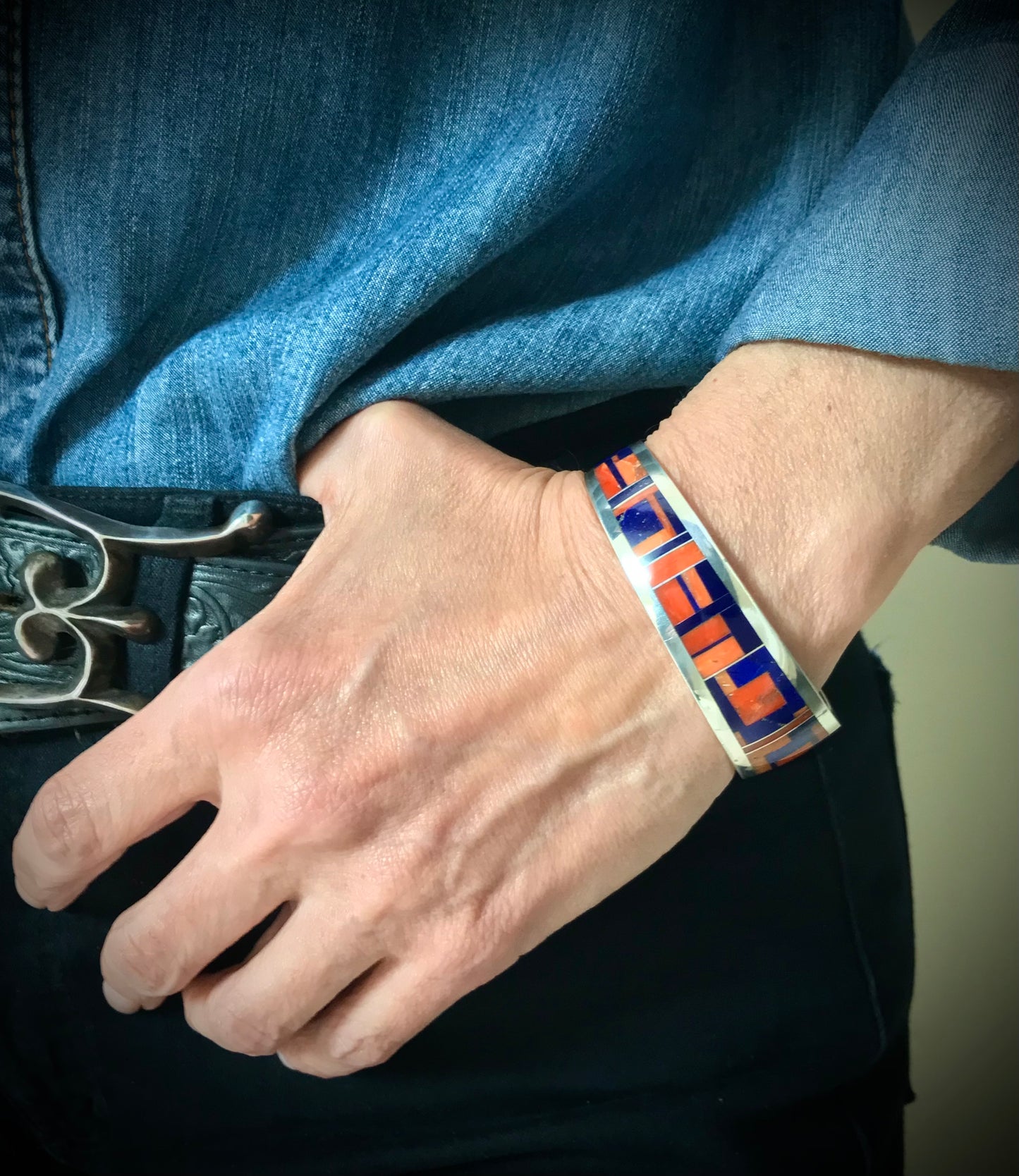 Mediterranean Red Coral and Lapis Inlay Cuff Bracelet Native American - Ray Tracey